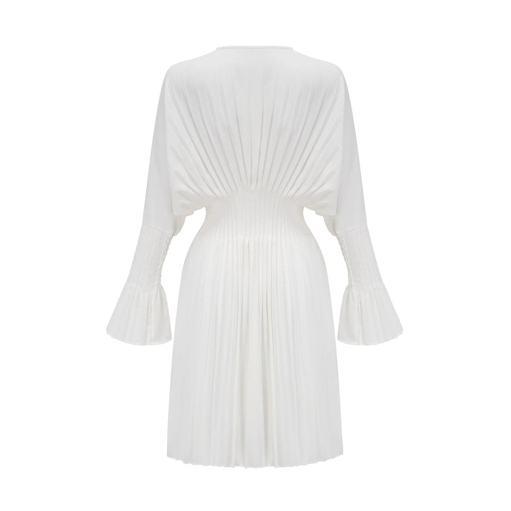 Vera Mini Dress White V Neck Flare Cuffed Pleated Chic