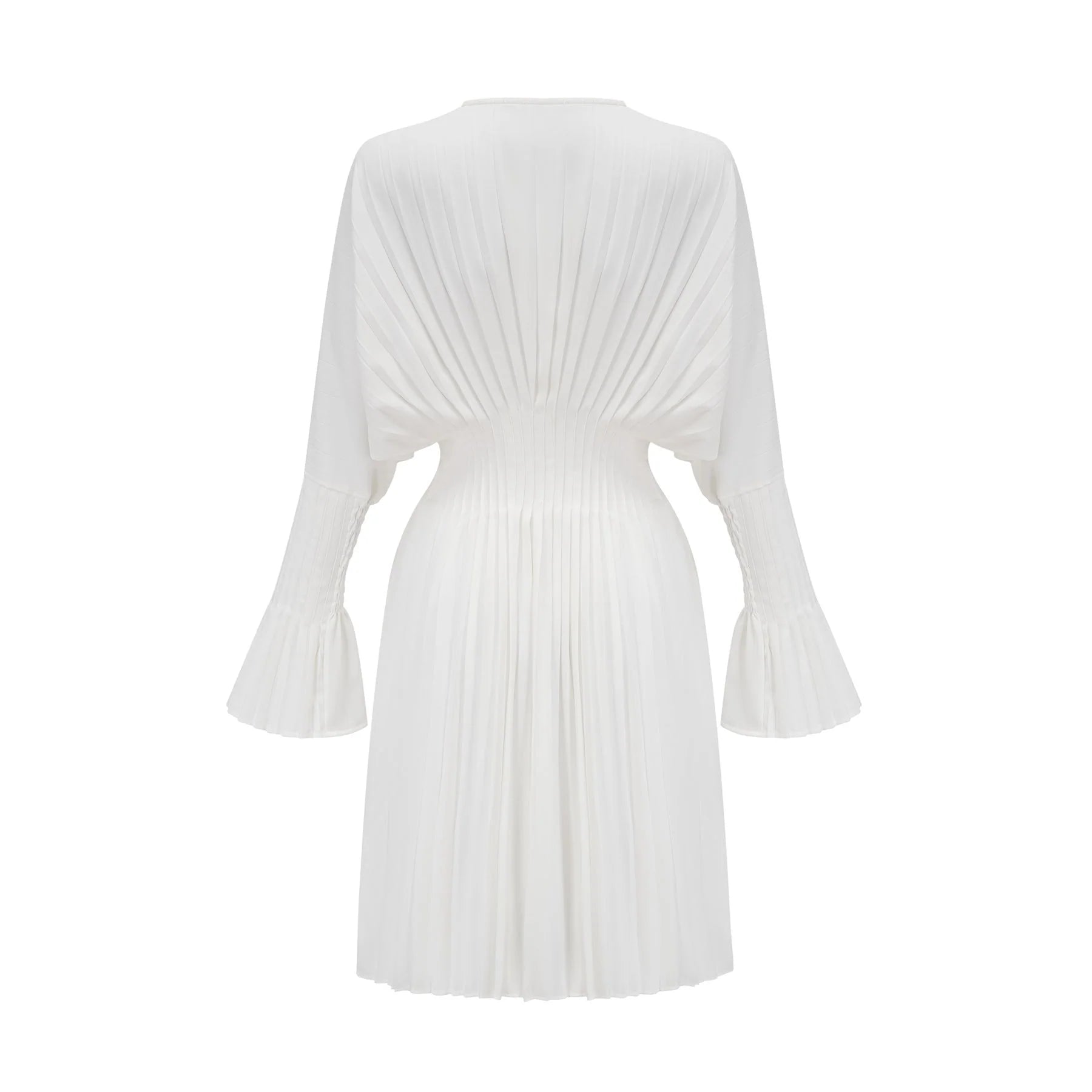 Vera Mini Dress White V Neck Flare Cuffed Pleated Chic
