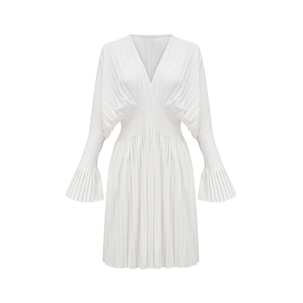 Vera Mini Dress White V Neck Flare Cuffed Pleated Chic