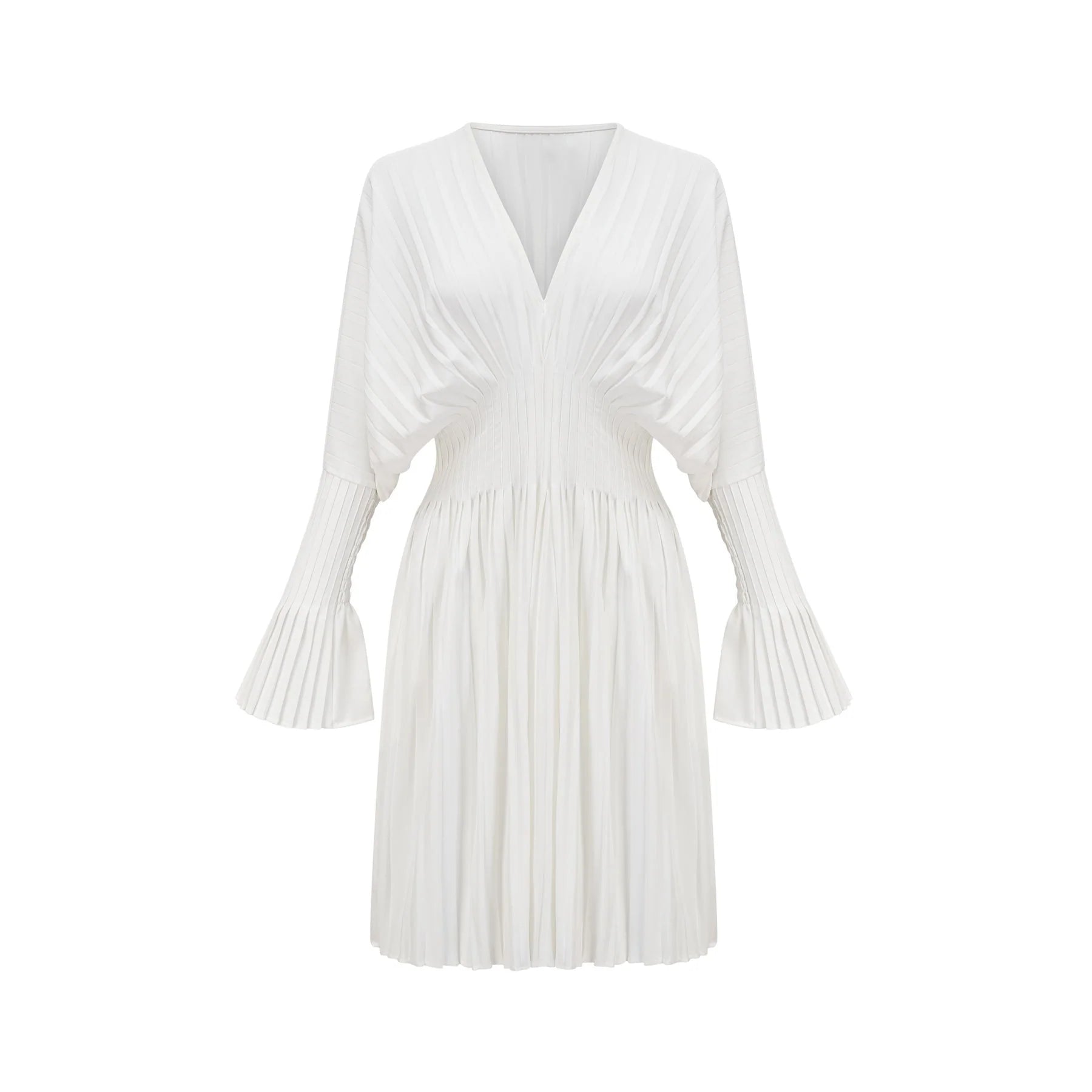 Vera Mini Dress White V Neck Flare Cuffed Pleated Chic