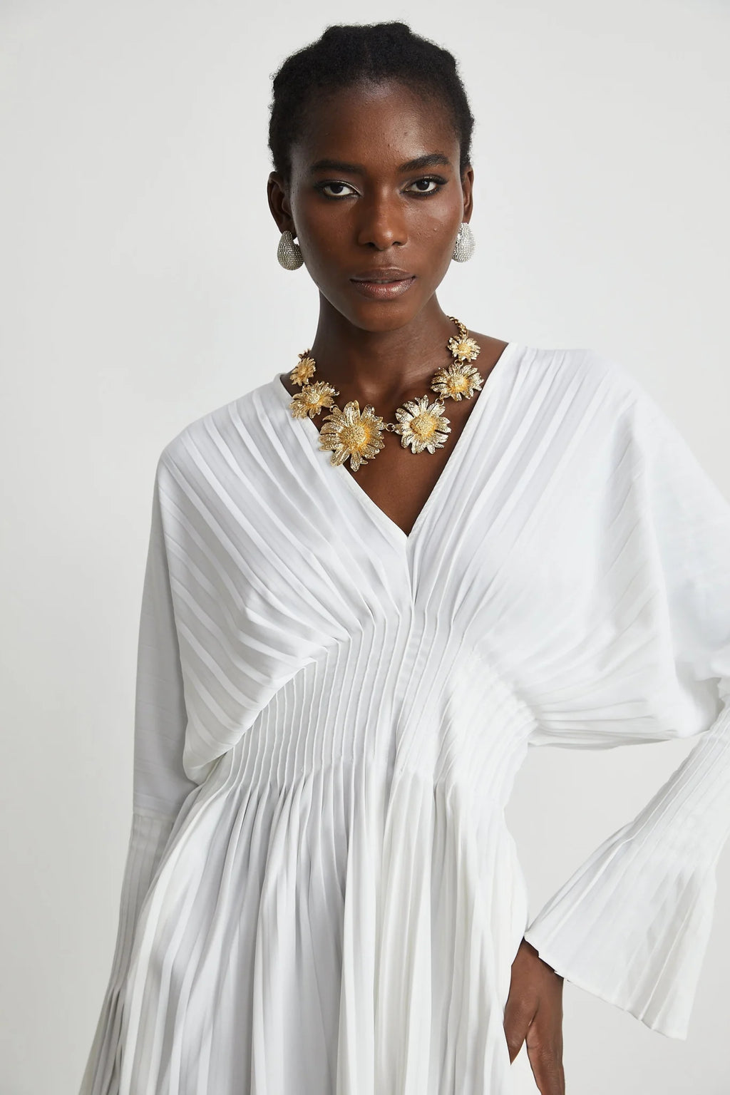 Vera Mini Dress White V Neck Flare Cuffed Pleated Chic