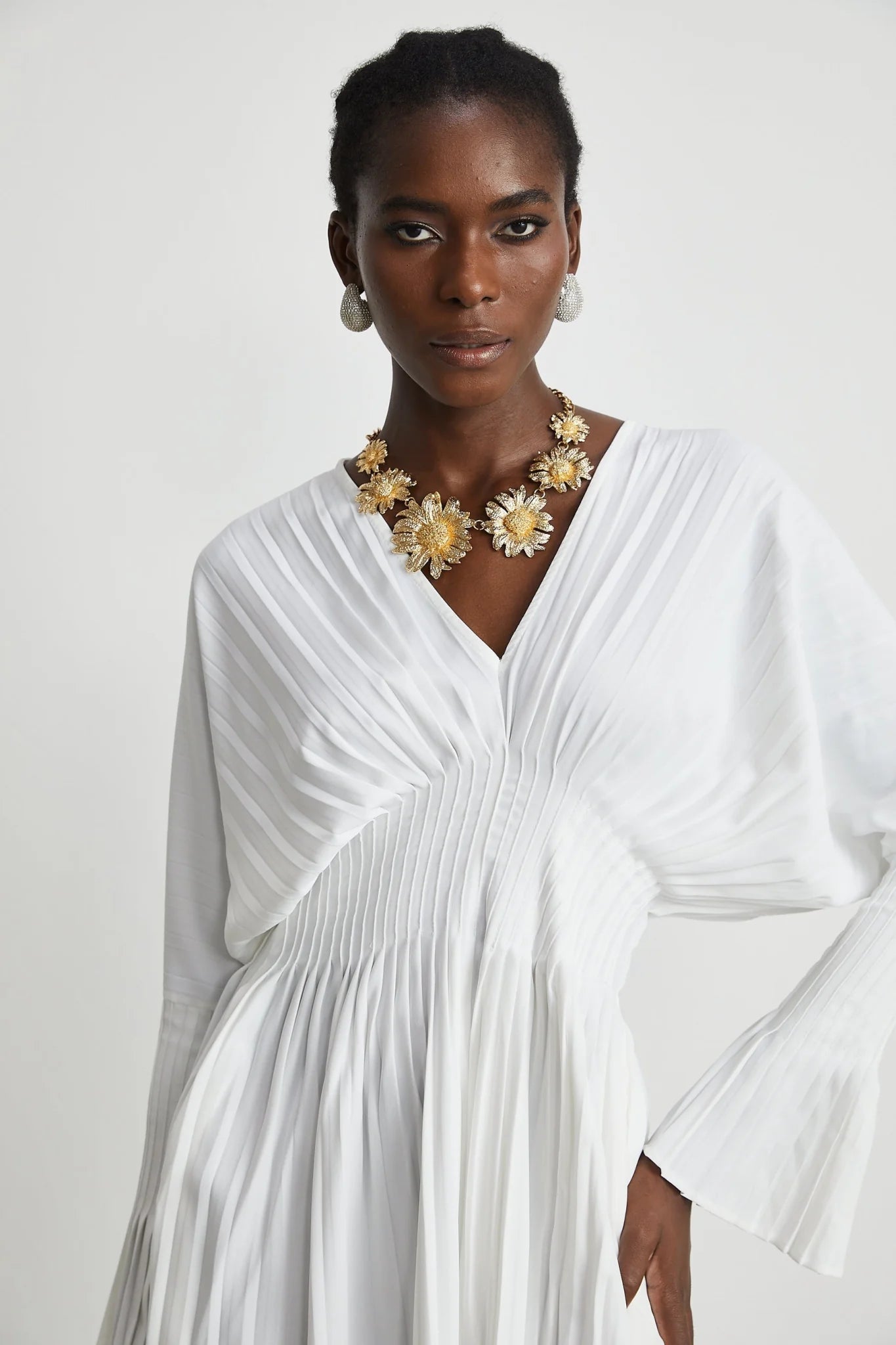 Vera Mini Dress White V Neck Flare Cuffed Pleated Chic