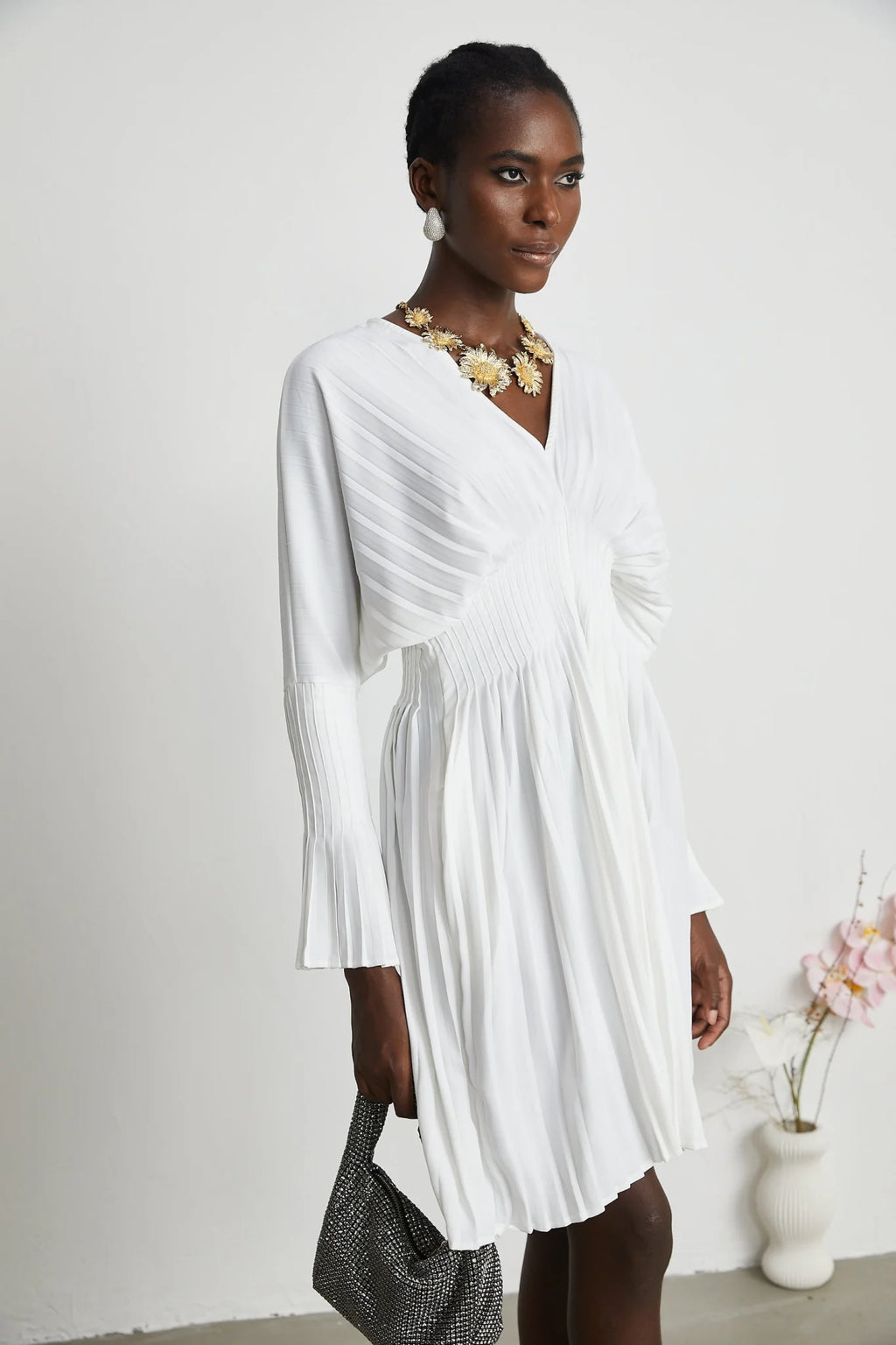 Vera Mini Dress White V Neck Flare Cuffed Pleated Chic