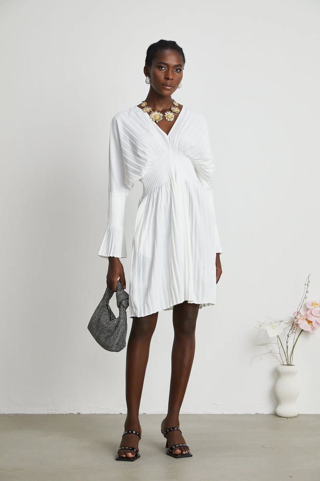 Vera Mini Dress White V Neck Flare Cuffed Pleated Chic