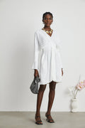 Vera Mini Dress White V Neck Flare Cuffed Pleated Chic