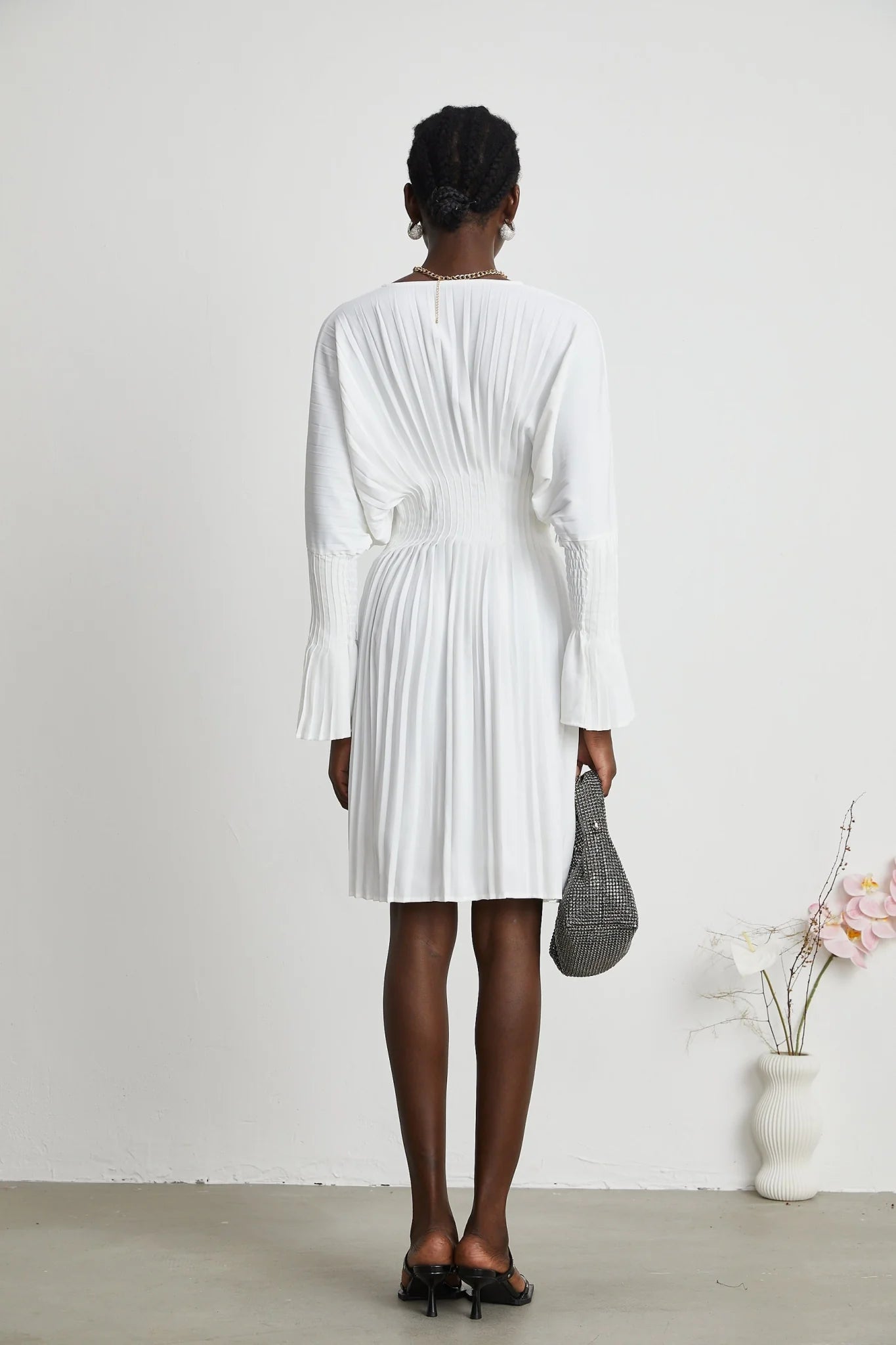 Vera Mini Dress White V Neck Flare Cuffed Pleated Chic