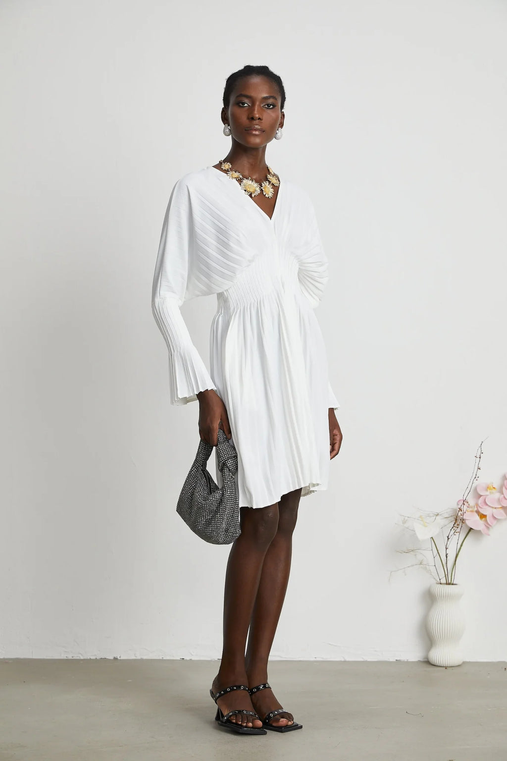 Vera Mini Dress White V Neck Flare Cuffed Pleated Chic