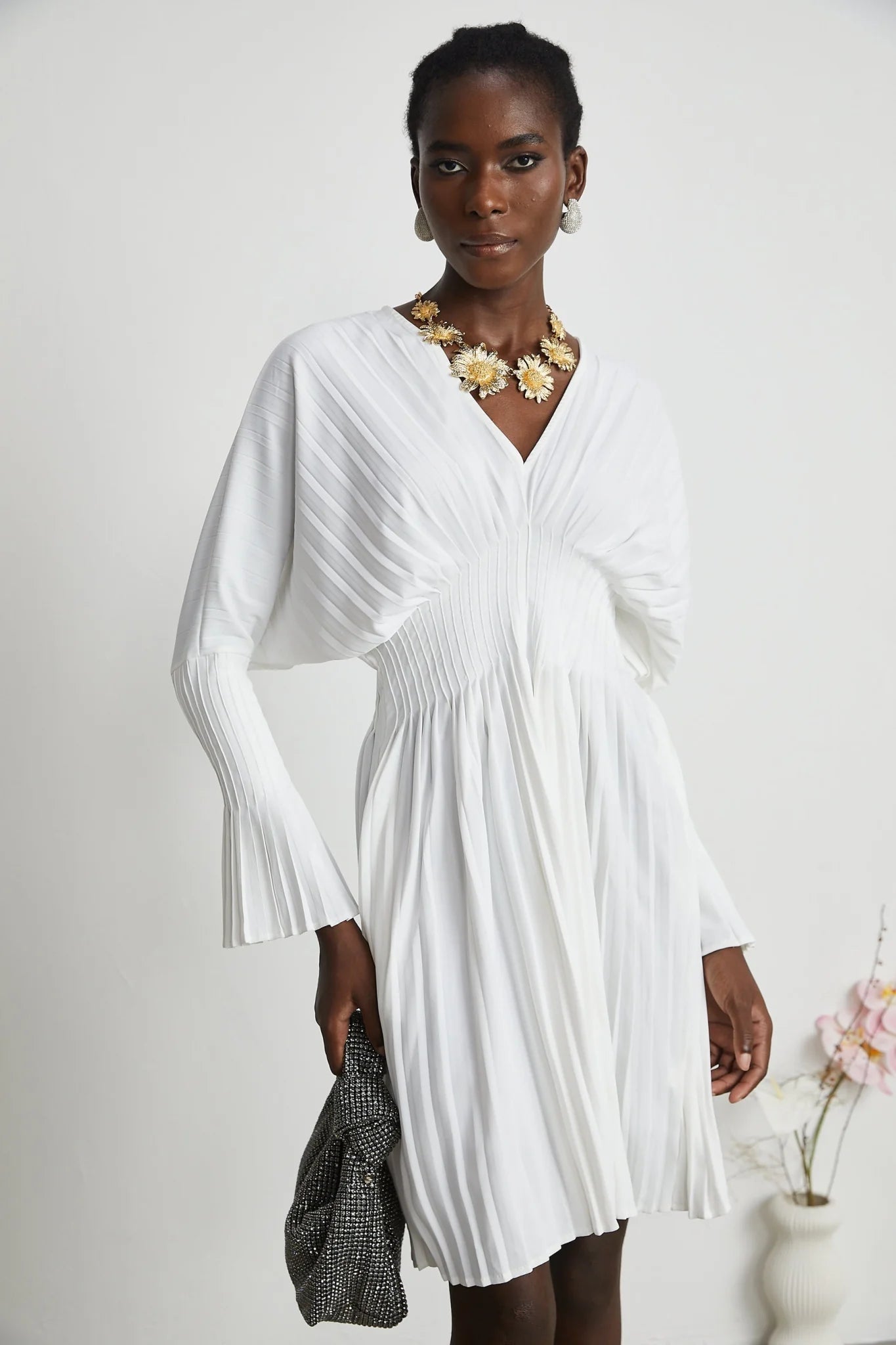Vera Mini Dress White V Neck Flare Cuffed Pleated Chic