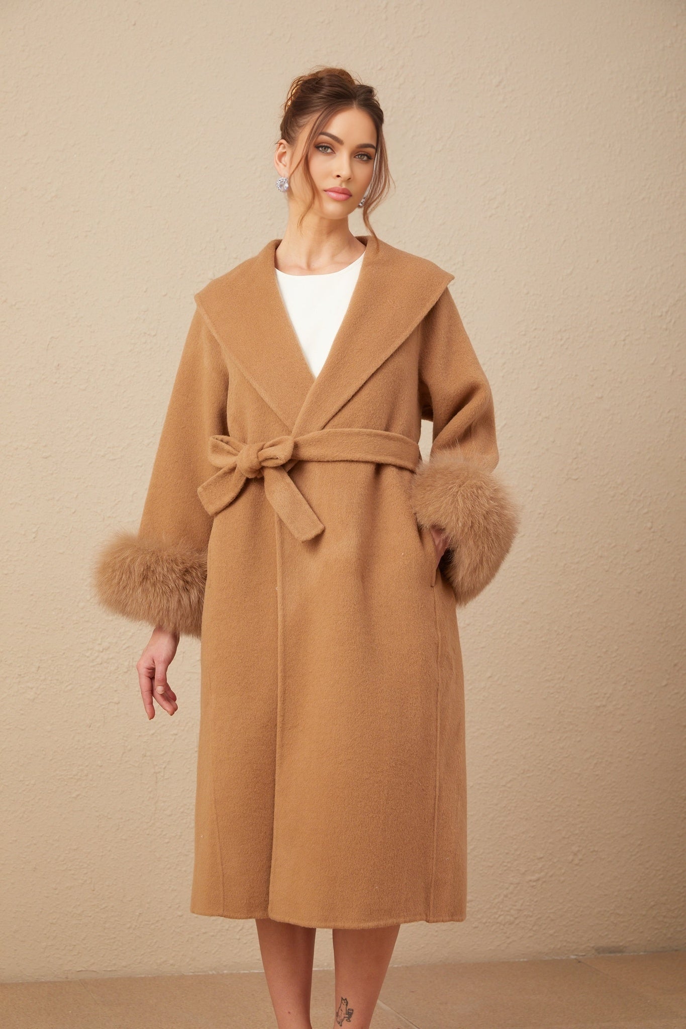 Vera Overcoat Brown Felted Wool Fox Fur Wide Lapels Wrap Silhouette