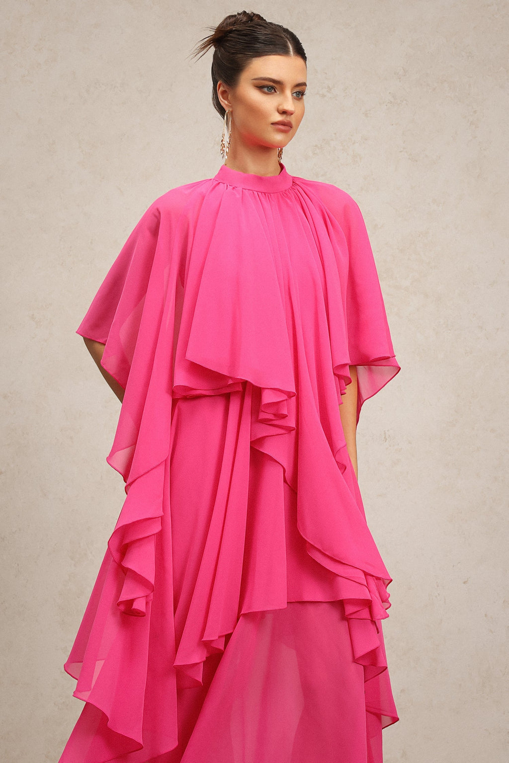 Vera Pink Asymmetrical Silhouette Flowy Fabric Elbow Sleeves Ruffled Detailing High Neckline Dress