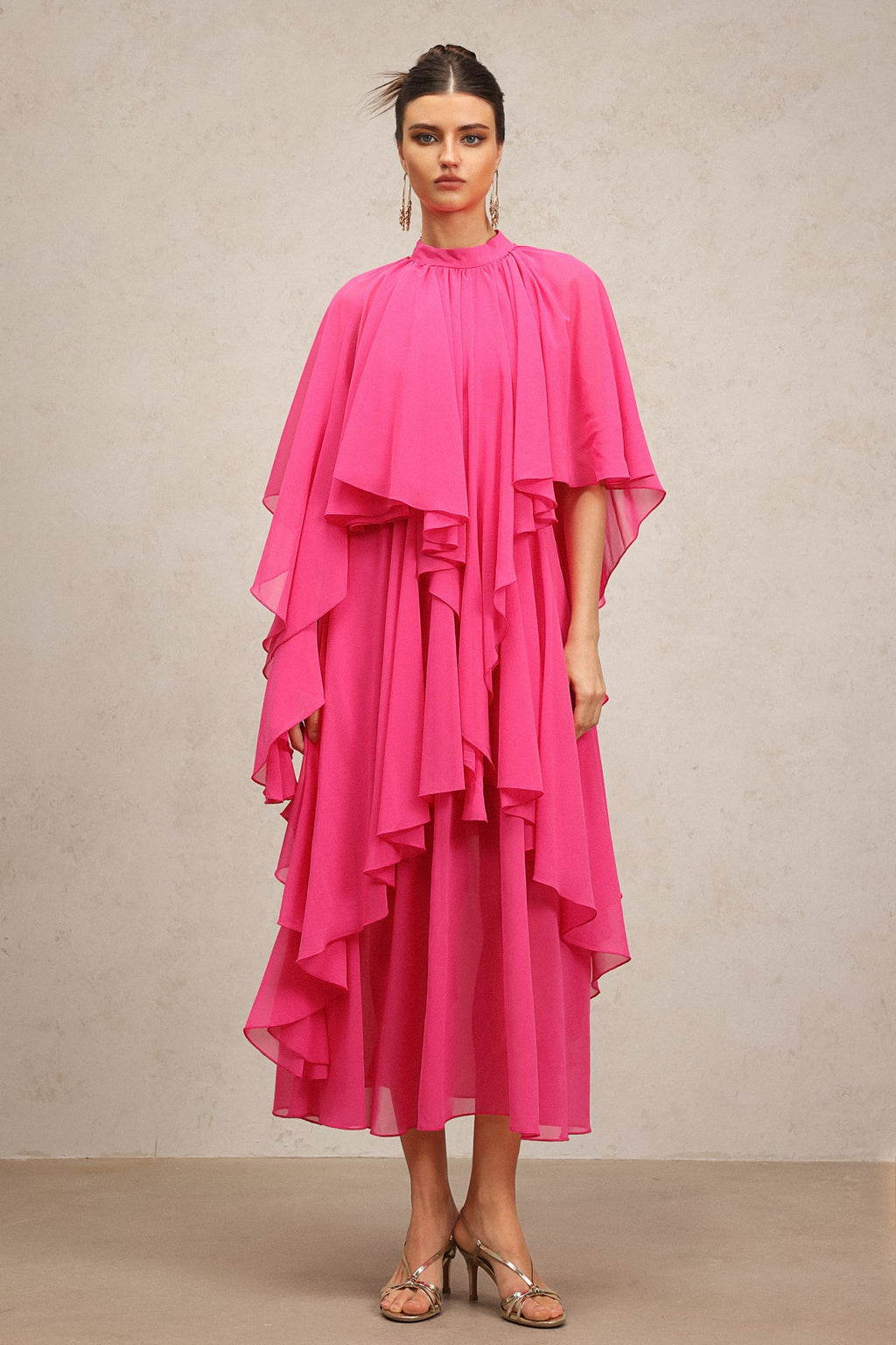 Vera Pink Asymmetrical Silhouette Flowy Fabric Elbow Sleeves Ruffled Detailing High Neckline Dress