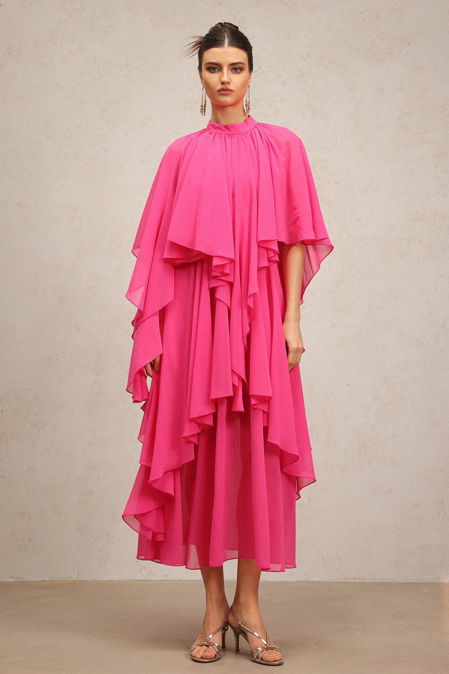 Vera Pink Asymmetrical Silhouette Flowy Fabric Elbow Sleeves Ruffled Detailing High Neckline Dress