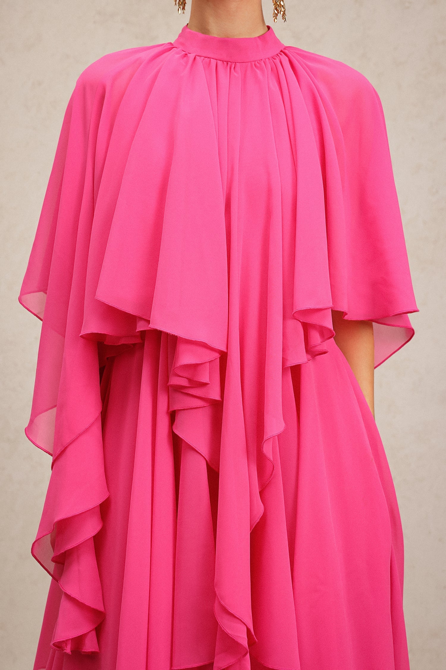 Vera Pink Asymmetrical Silhouette Flowy Fabric Elbow Sleeves Ruffled Detailing High Neckline Dress