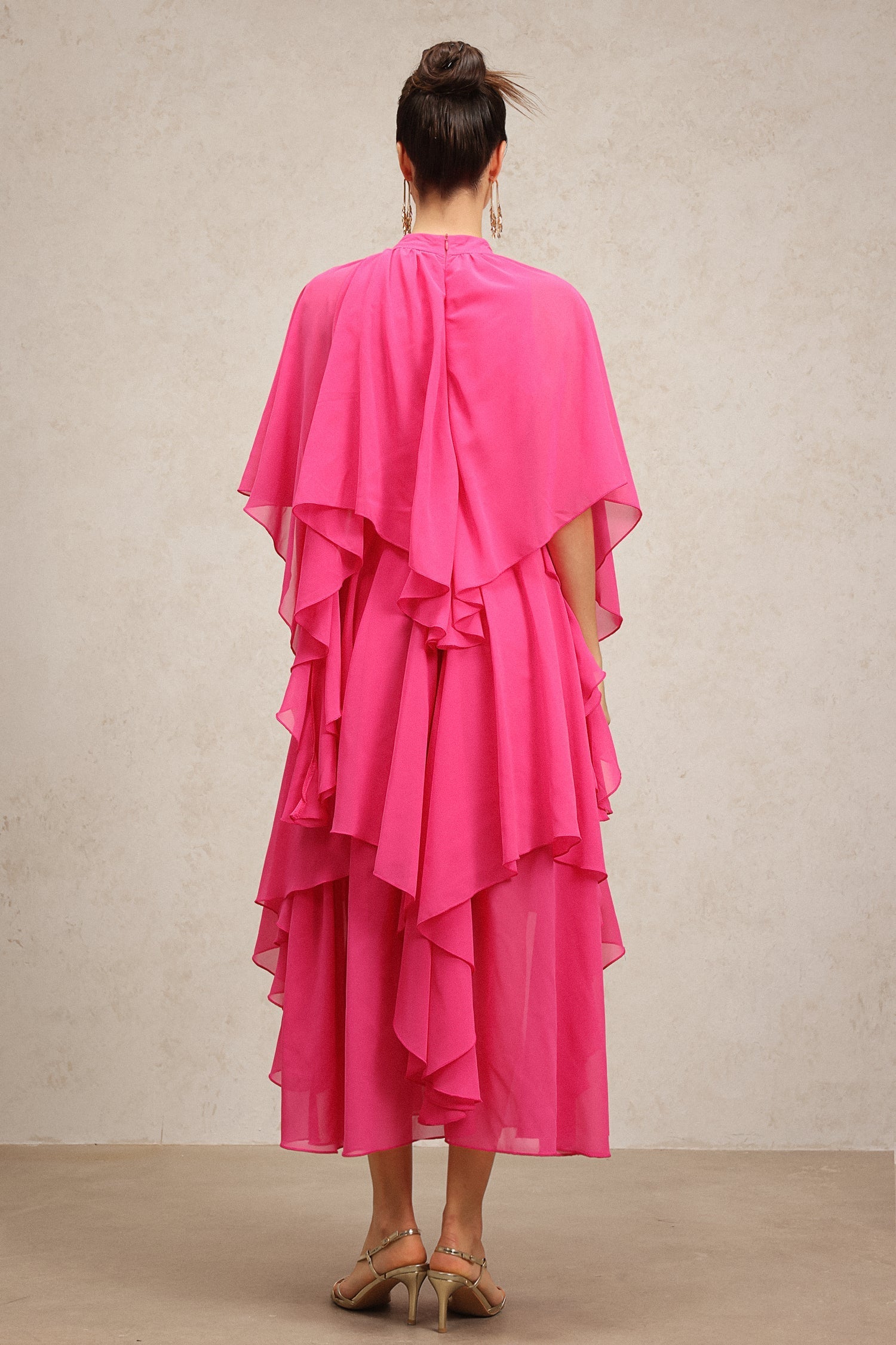 Vera Pink Asymmetrical Silhouette Flowy Fabric Elbow Sleeves Ruffled Detailing High Neckline Dress