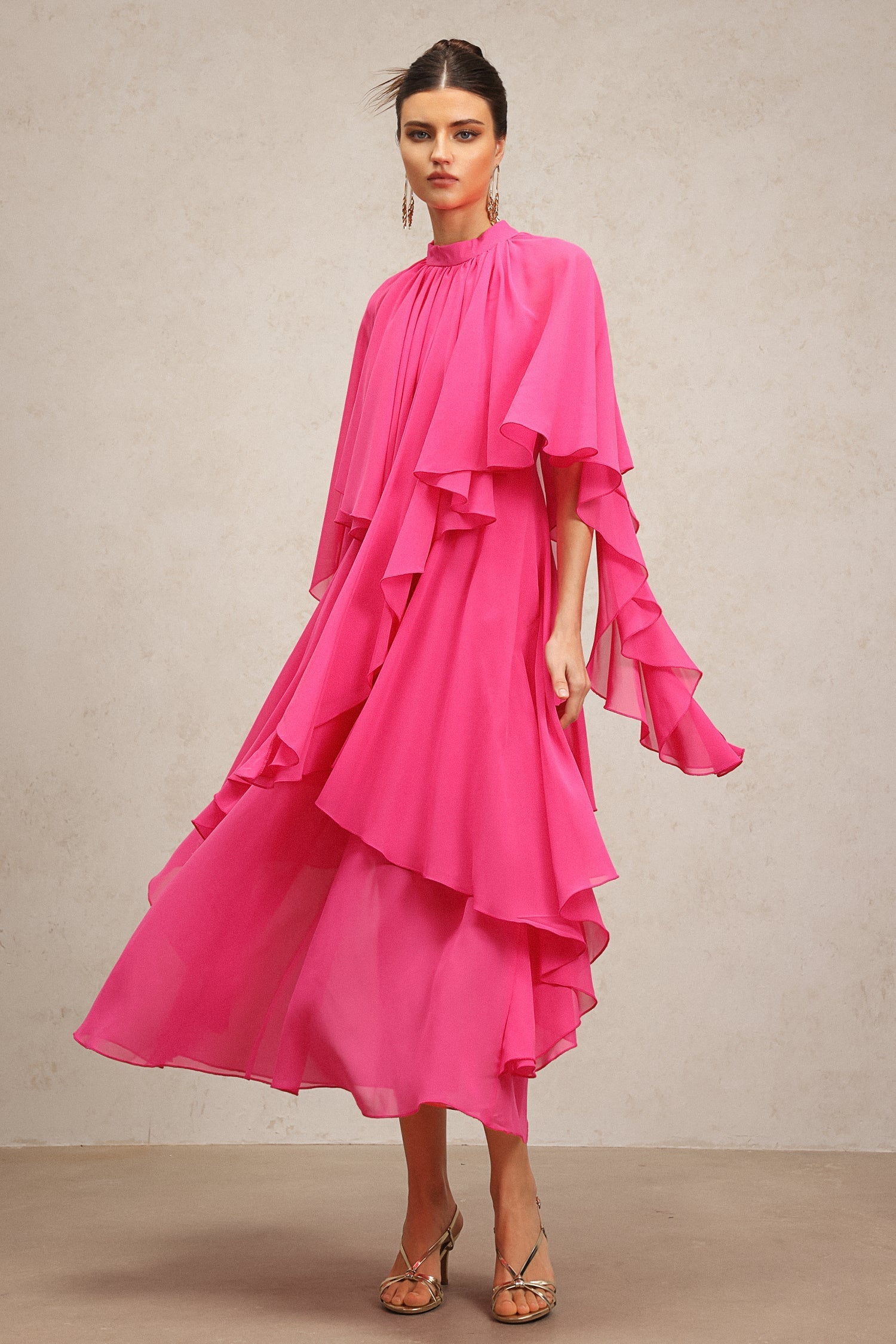 Vera Pink Asymmetrical Silhouette Flowy Fabric Elbow Sleeves Ruffled Detailing High Neckline Dress