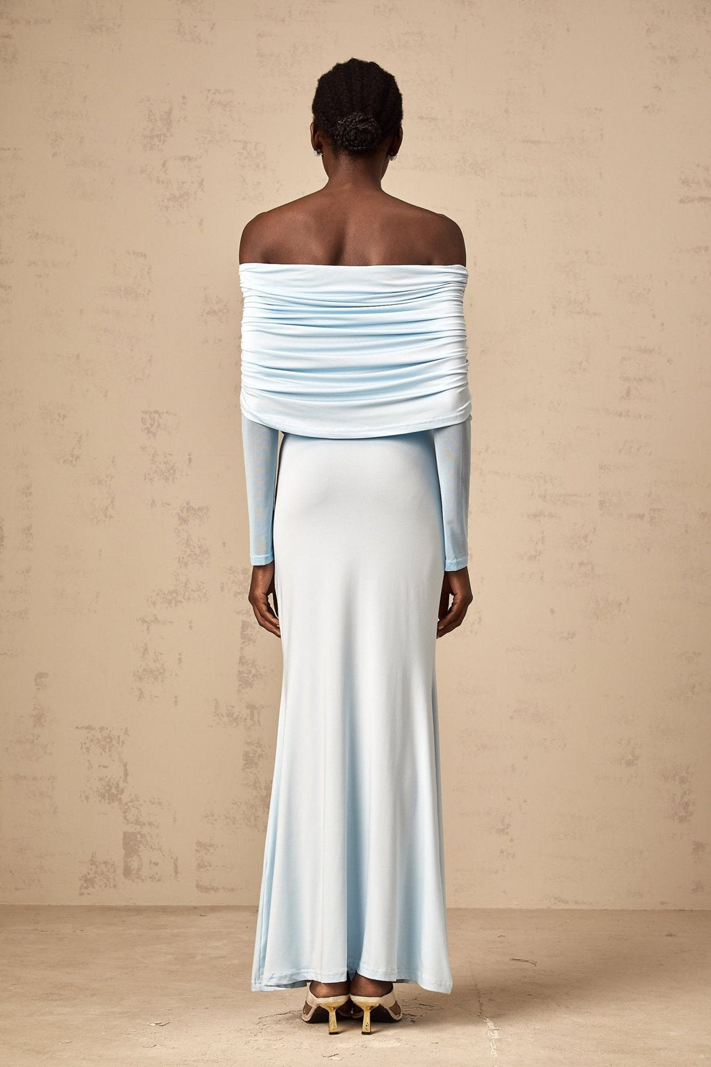 Veronica Maxi Dress - Blue Off - Shoulder with Long Sleeves and Ruched Detailing