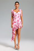 Veronica Pink Floral Asymmetrical Hemline Dress
