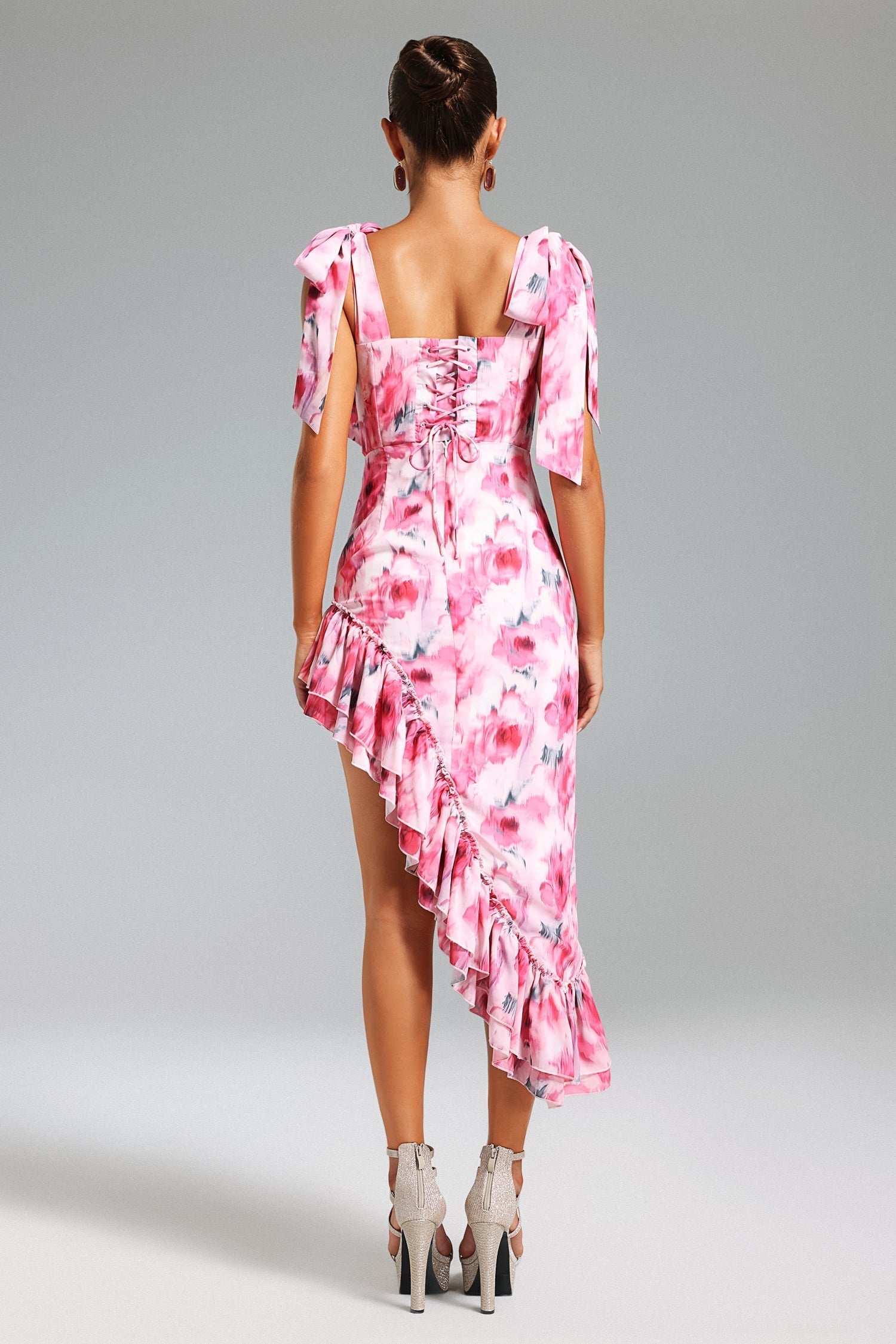Veronica Pink Floral Asymmetrical Hemline Dress Sweetheart Neckline Ruffles Adjustable Straps