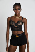 Veronica Vest Top Black Lace Bow Detail Sweetheart Cropped Mesh