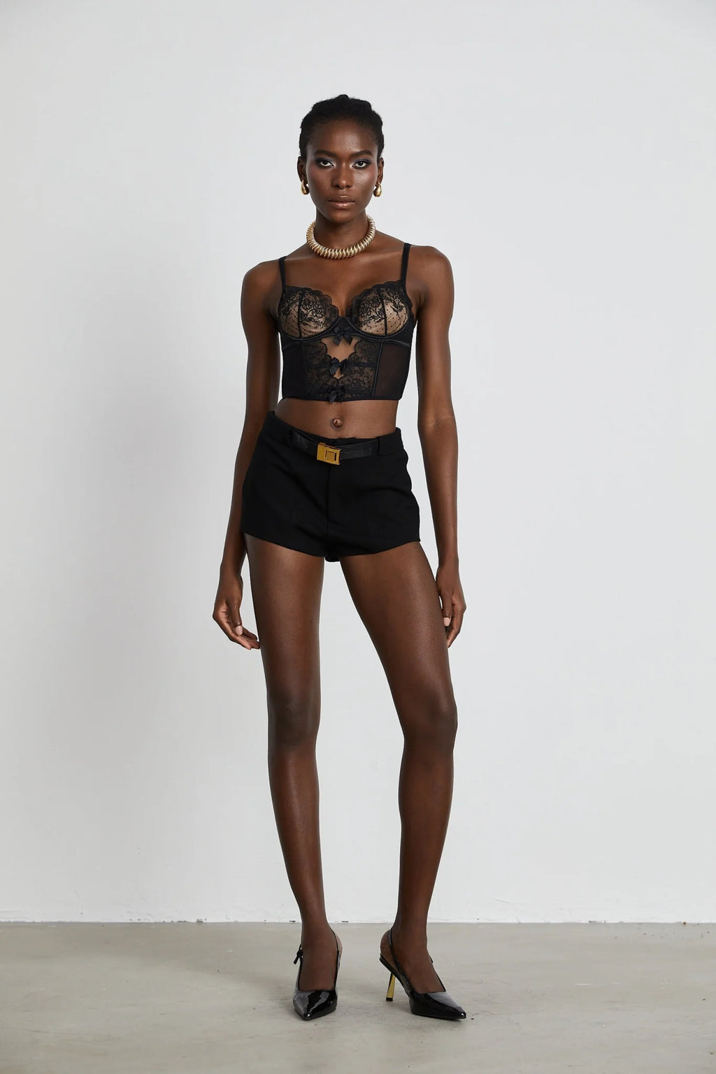 Veronica Vest Top Black Lace Bow Detail Sweetheart Cropped Mesh