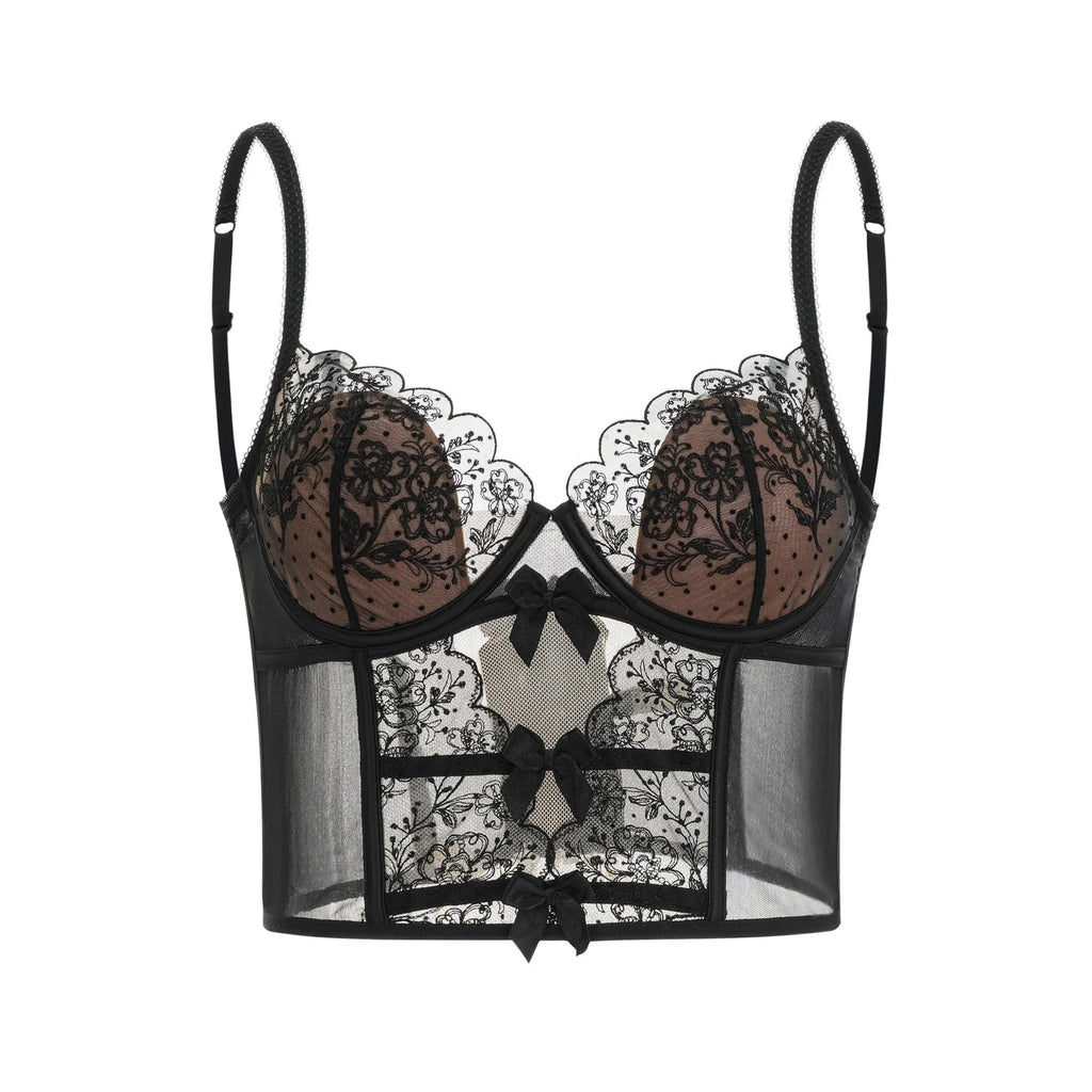 Veronica Vest Top Black Lace Bow Detail Sweetheart Cropped Mesh