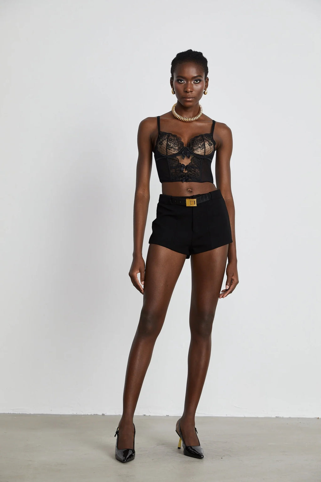 Veronica Vest Top Black Lace Bow Detail Sweetheart Cropped Mesh