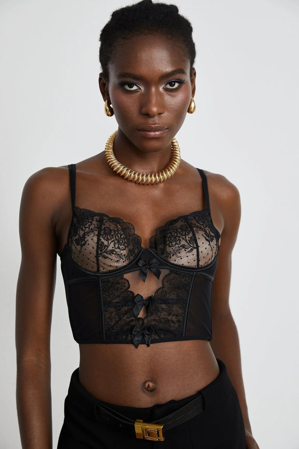 Veronica Vest Top Black Lace Bow Detail Sweetheart Cropped Mesh