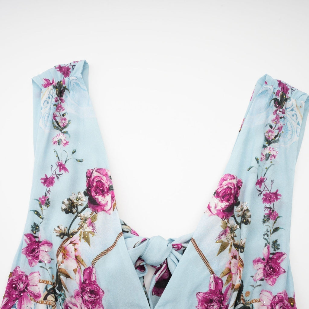 Victoire Blue Silk Floral Midi Dress With Open Back and Crystal Detail