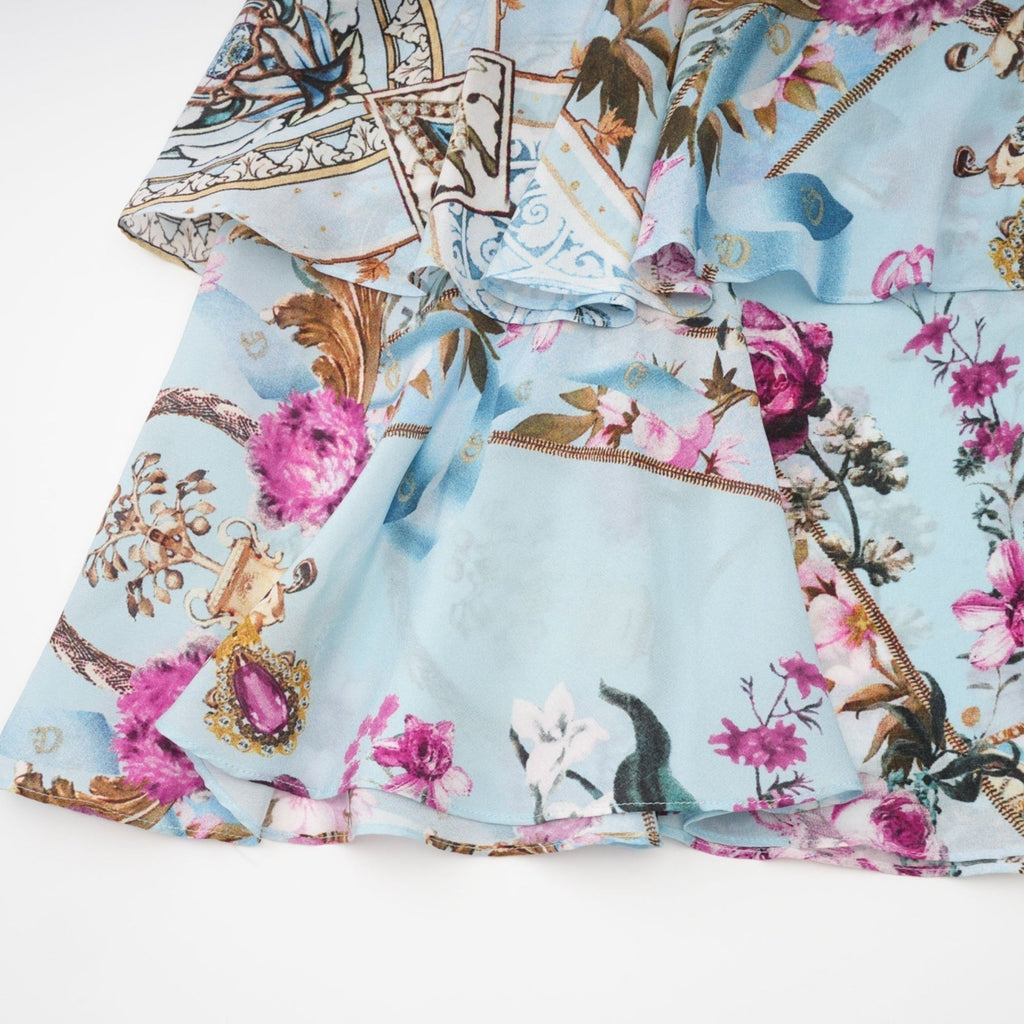 Victoire Blue Silk Floral Midi Dress With Open Back and Crystal Detail