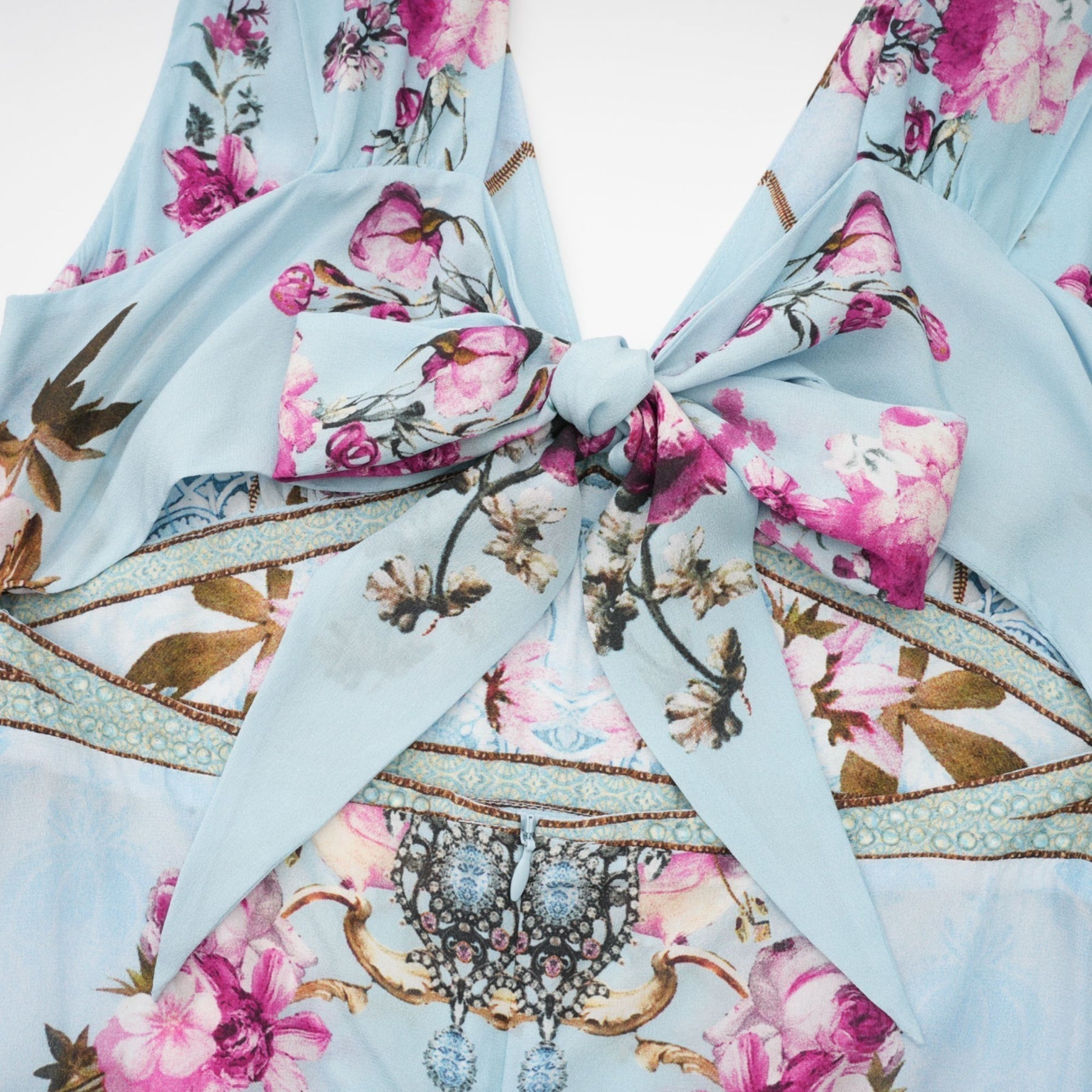 Victoire Blue Silk Floral Midi Dress With Open Back and Crystal Detail