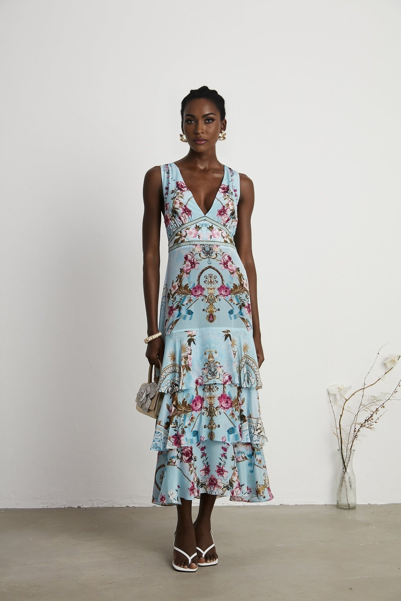 Victoire Blue Silk Floral Midi Dress With Open Back and Crystal Detail