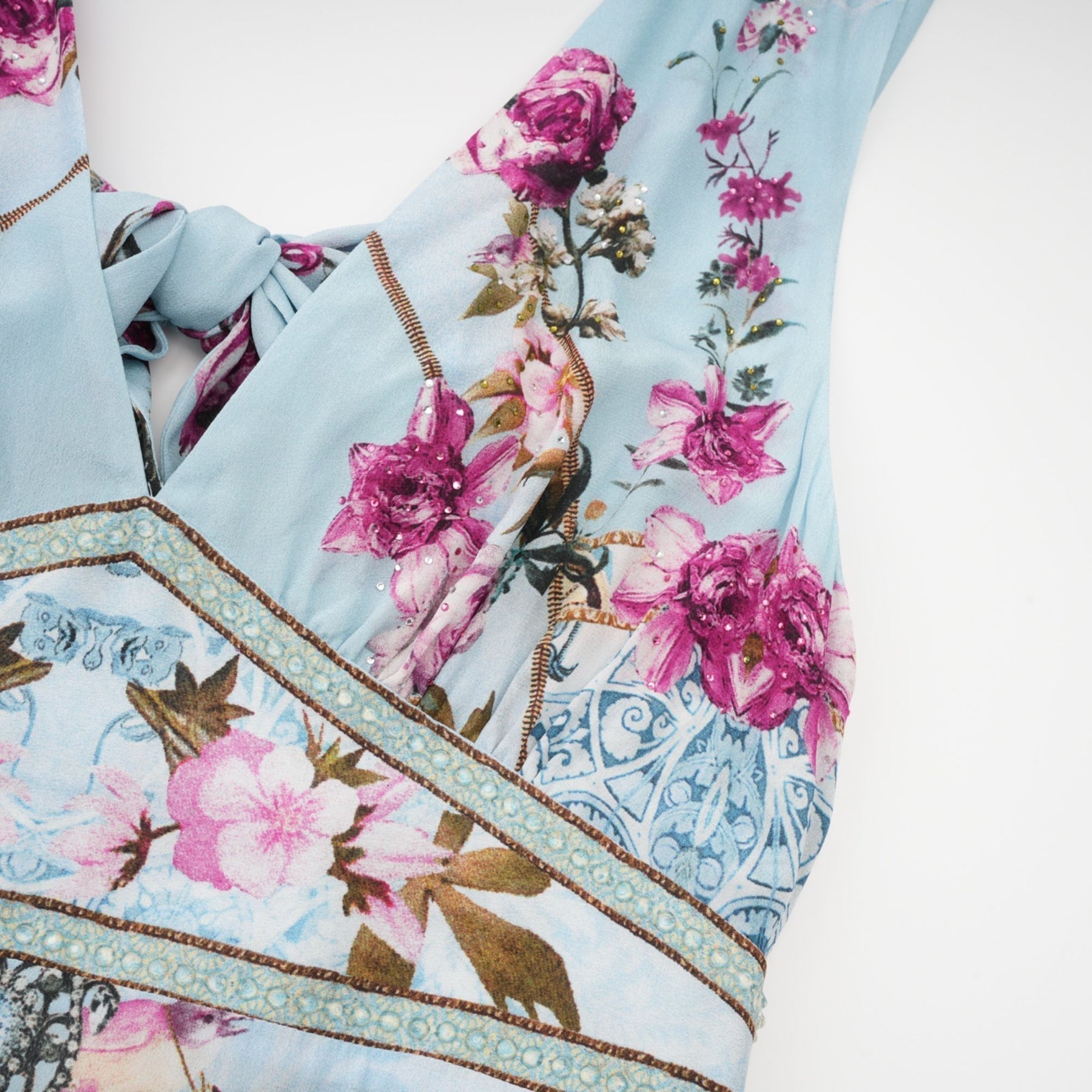 Victoire Blue Silk Floral Midi Dress With Open Back and Crystal Detail