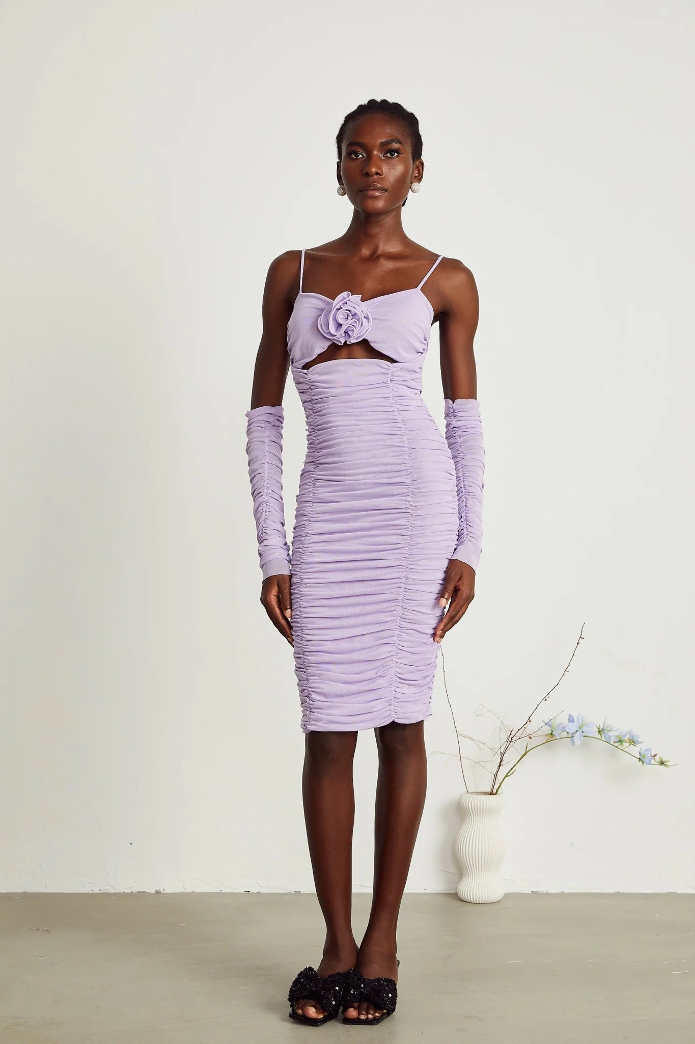 Victoria Midi Dress Purple Spaghetti Straps Cut Out Ruched Faux Flower Zip