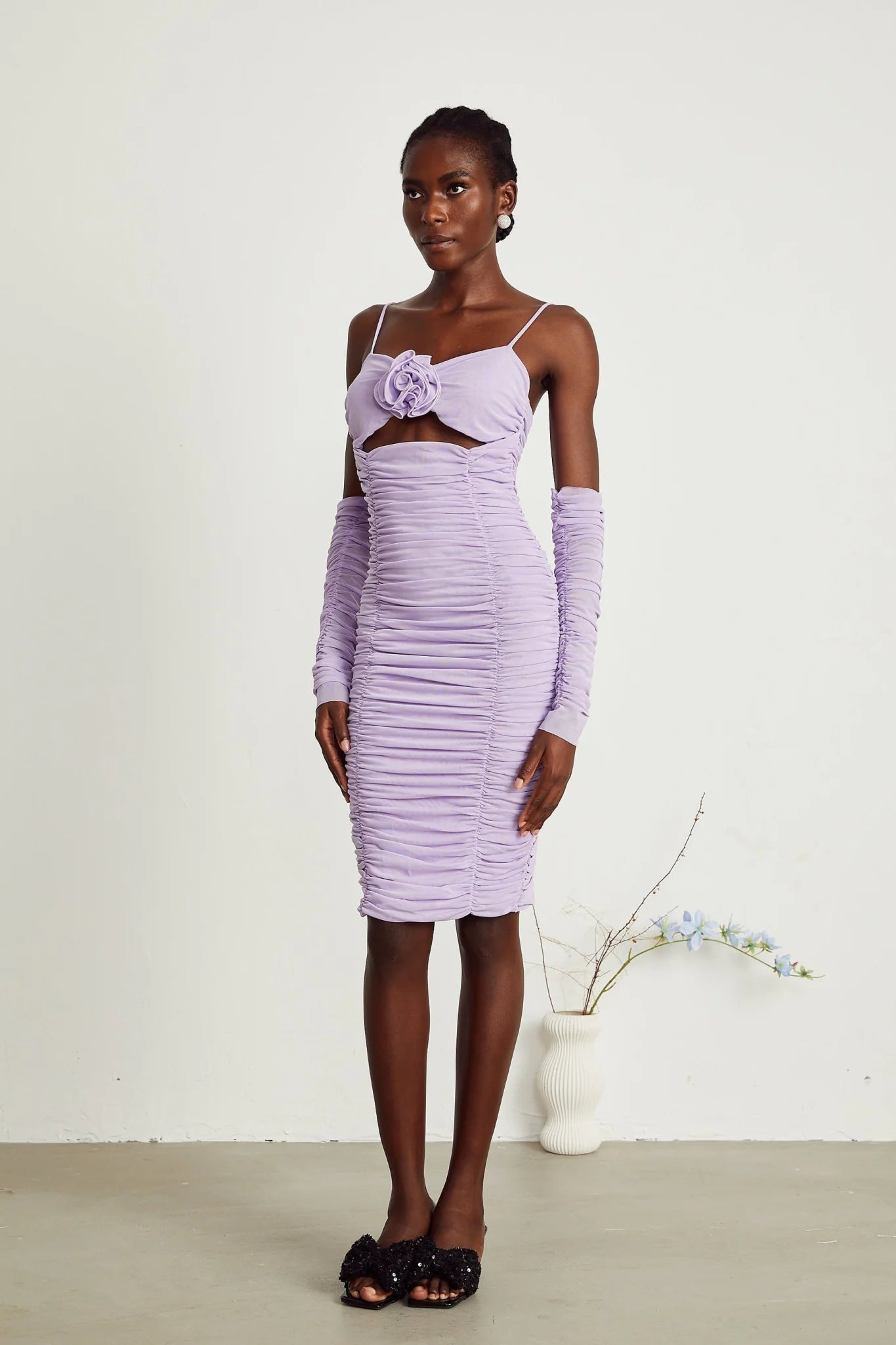 Victoria Midi Dress Purple Spaghetti Straps Cut Out Ruched Faux Flower Zip