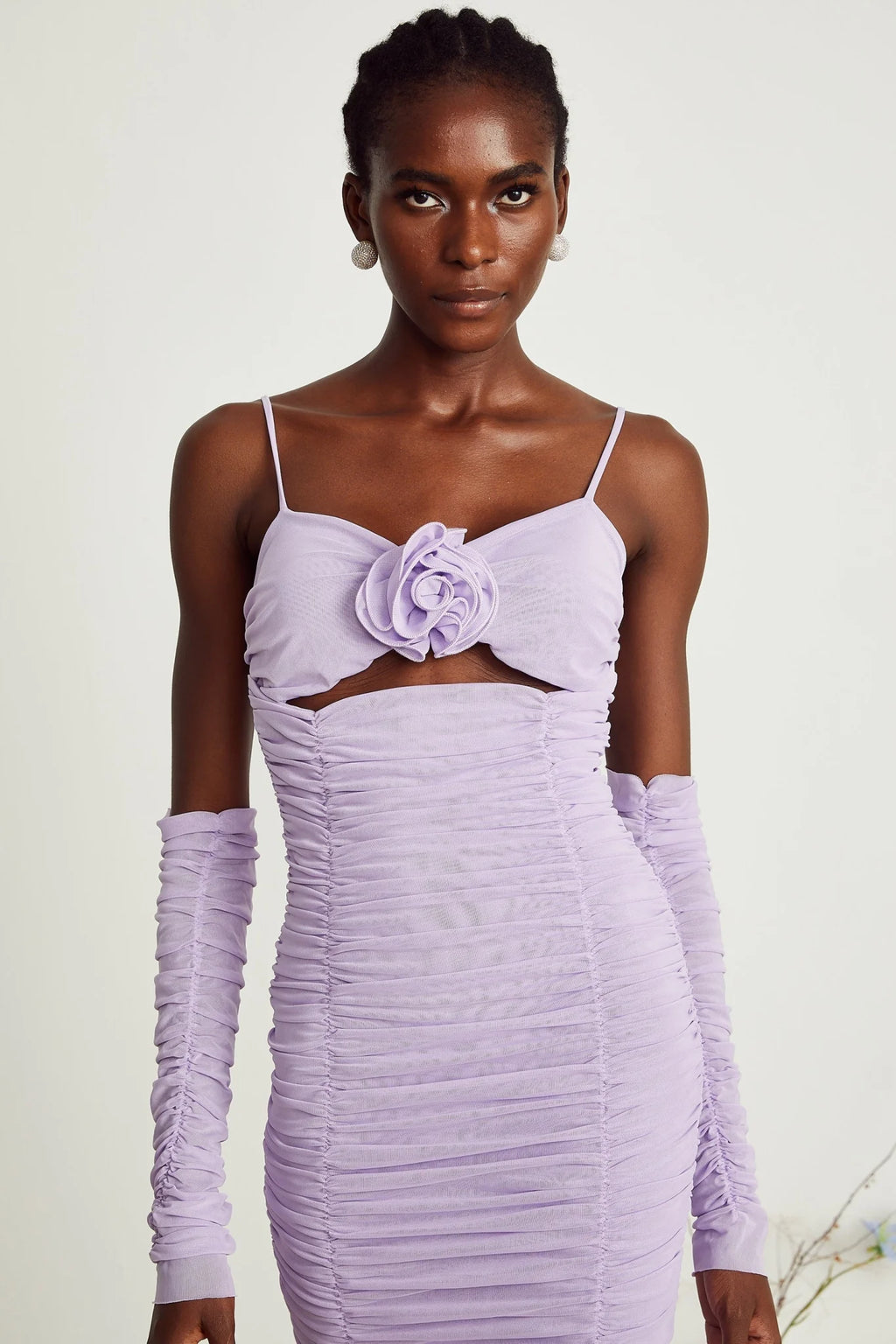 Victoria Midi Dress Purple Spaghetti Straps Cut Out Ruched Faux Flower Zip