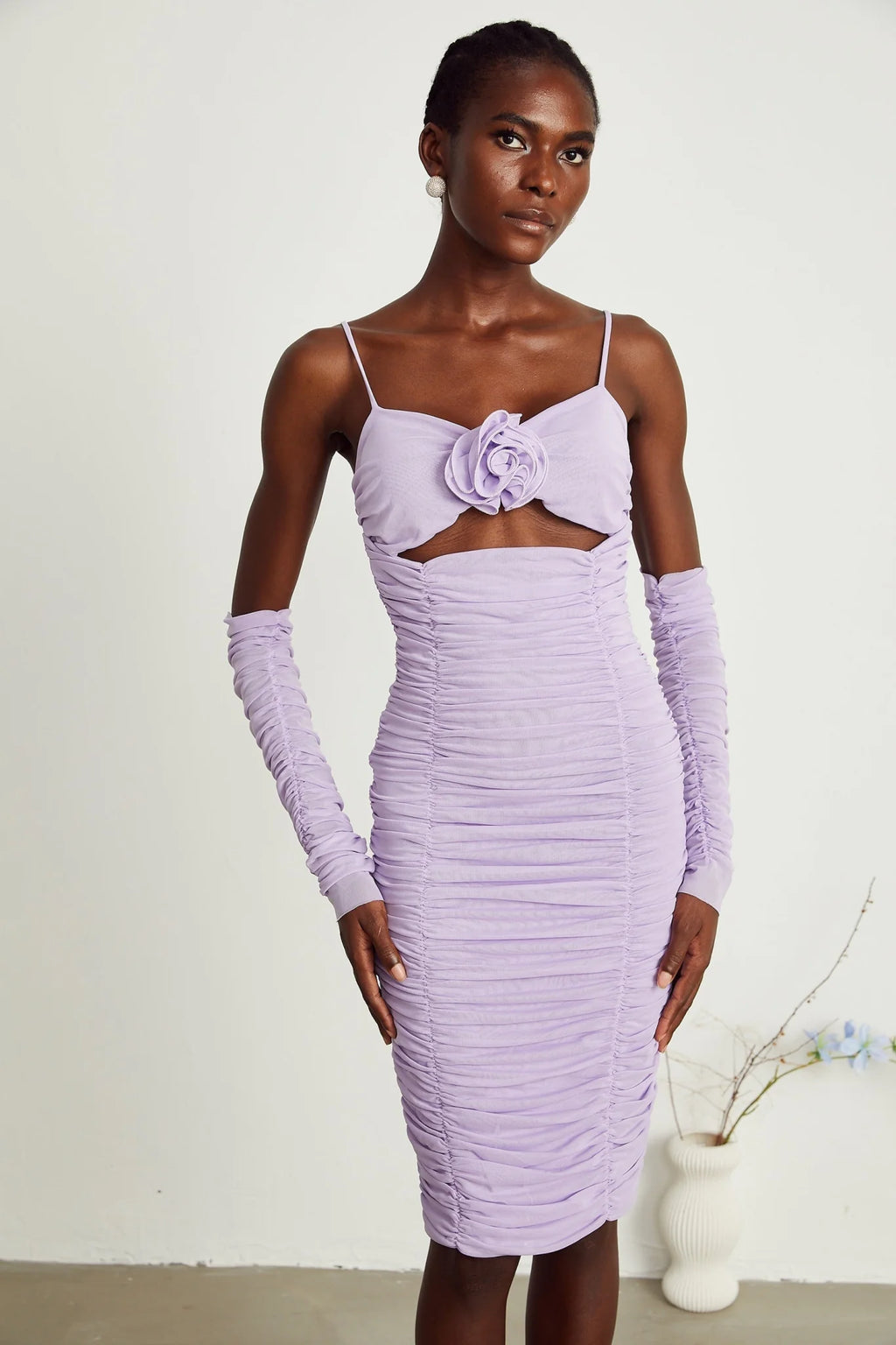Victoria Midi Dress Purple Spaghetti Straps Cut Out Ruched Faux Flower Zip