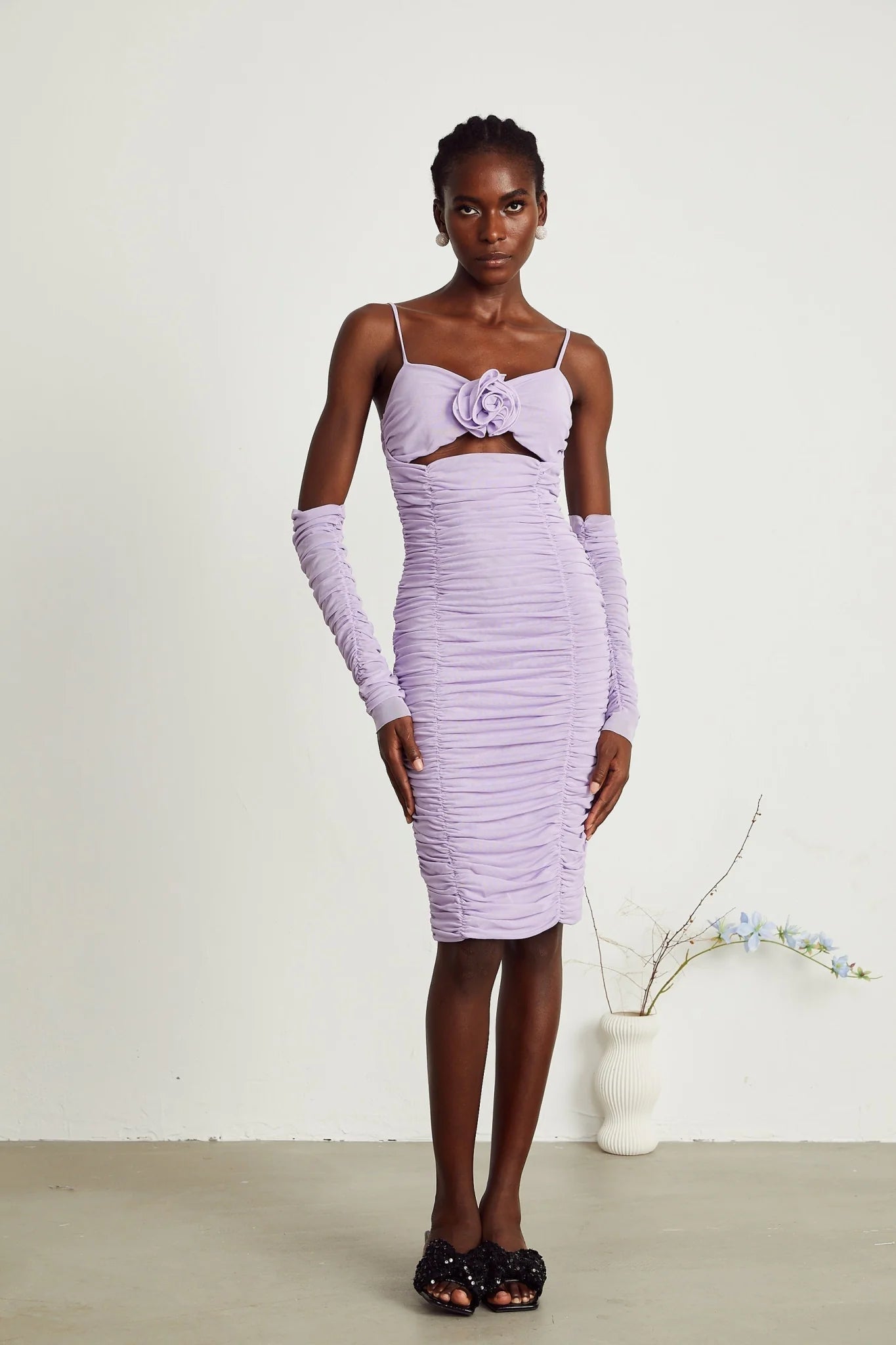 Victoria Midi Dress Purple Spaghetti Straps Cut Out Ruched Faux Flower Zip