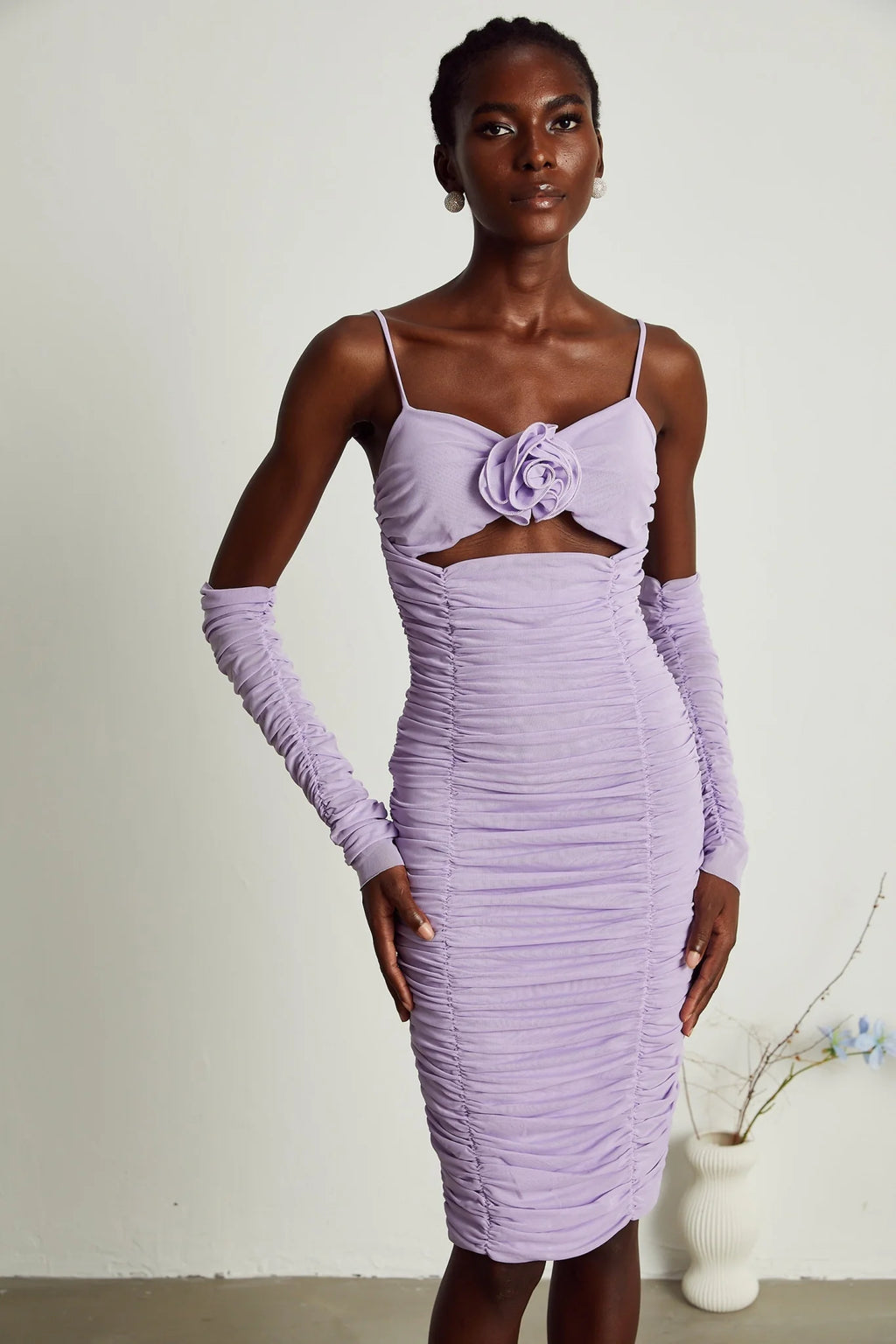 Victoria Midi Dress Purple Spaghetti Straps Cut Out Ruched Faux Flower Zip