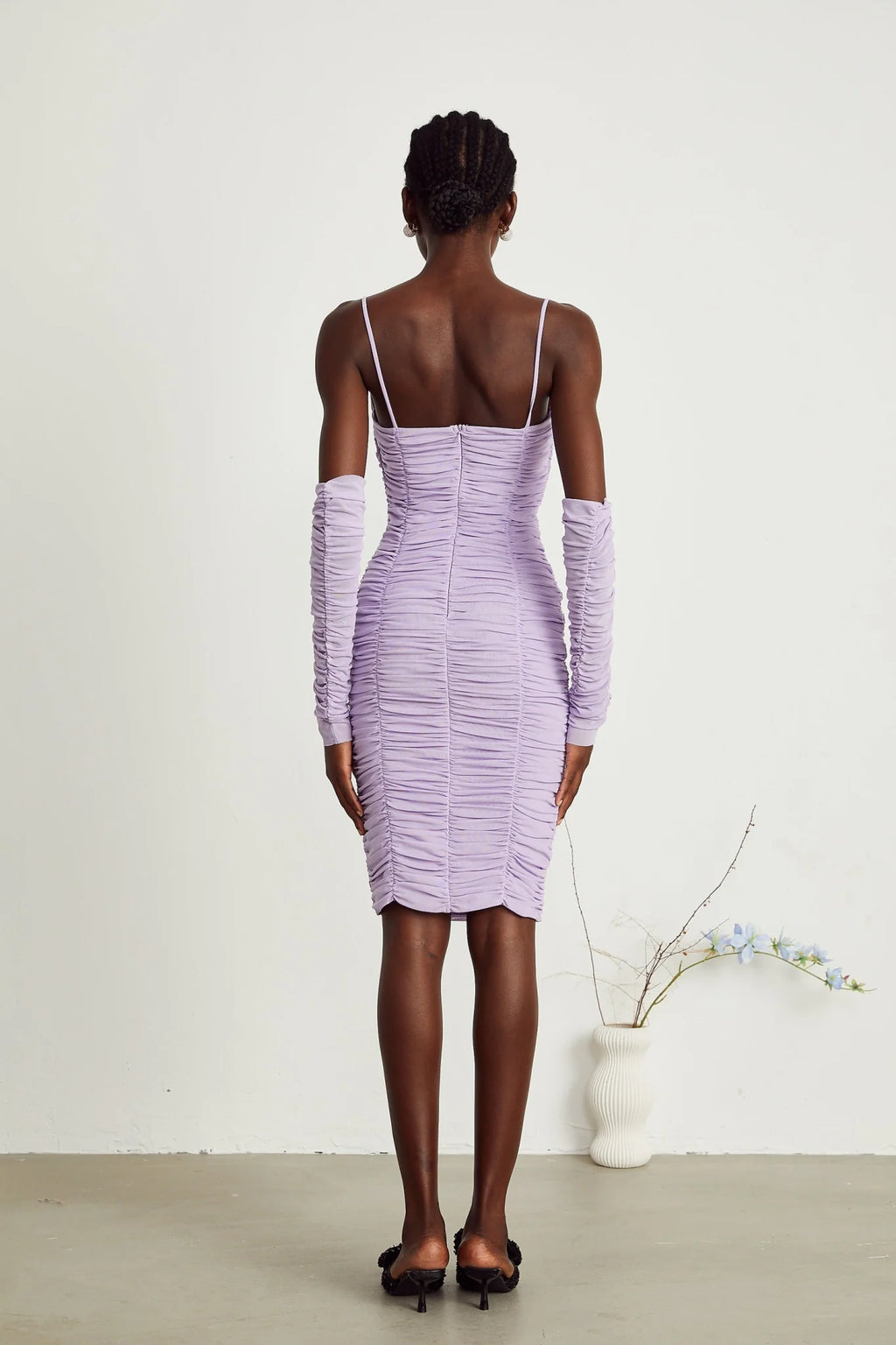 Victoria Midi Dress Purple Spaghetti Straps Cut Out Ruched Faux Flower Zip