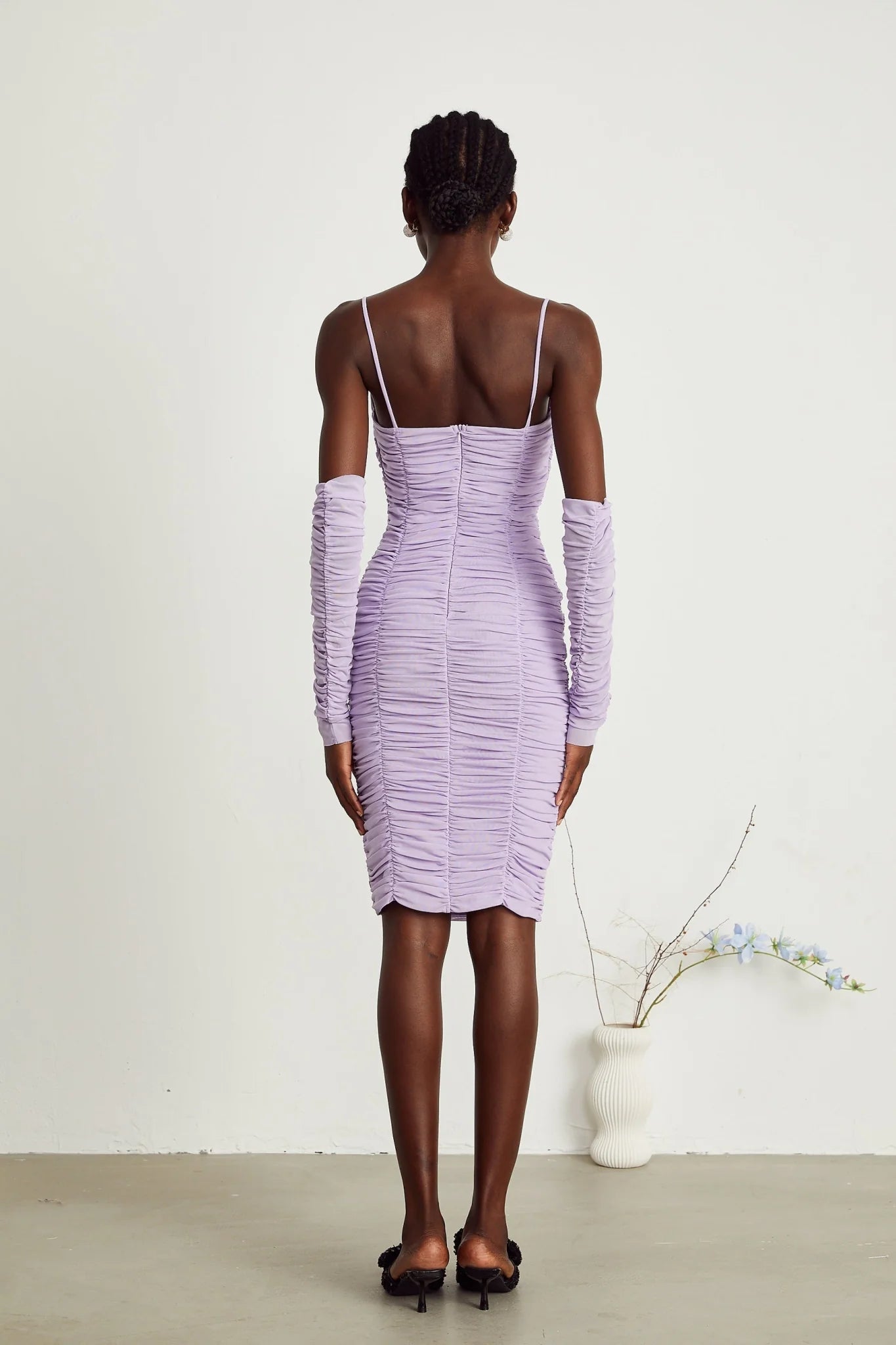 Victoria Midi Dress Purple Spaghetti Straps Cut Out Ruched Faux Flower Zip