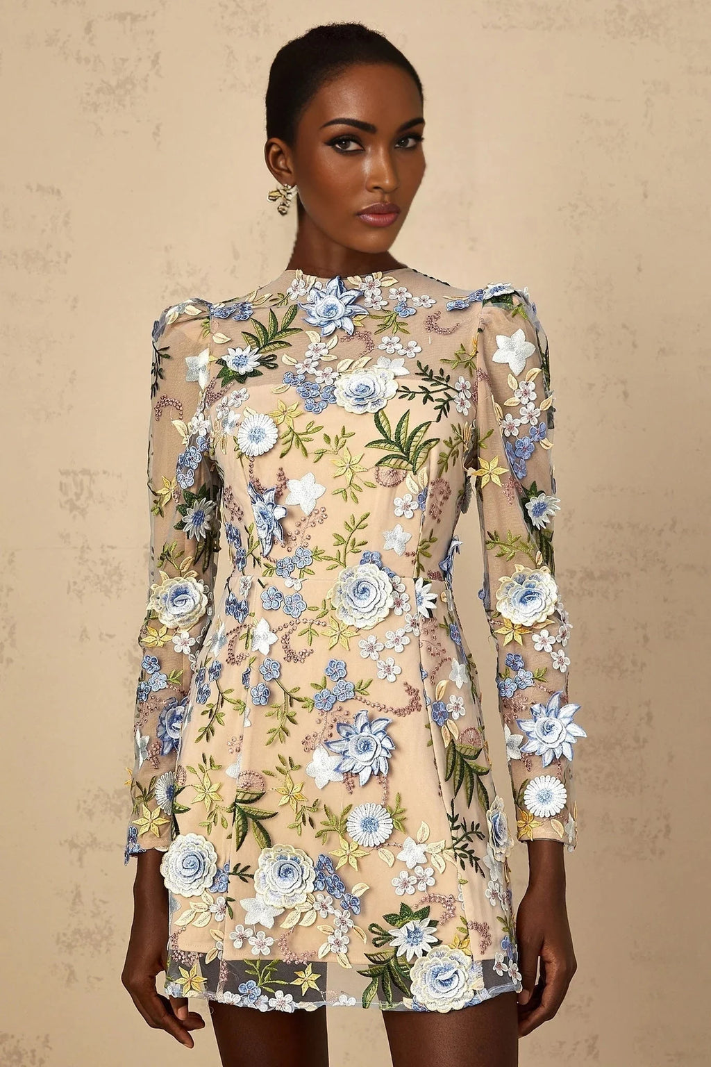 Victoria Mini Dress Blue Floral Appliqu Embroidered Tulle