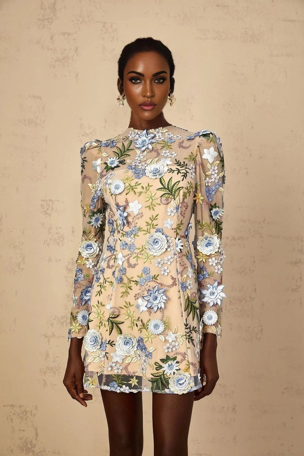 Victoria Mini Dress Blue Floral Appliqu Embroidered Tulle