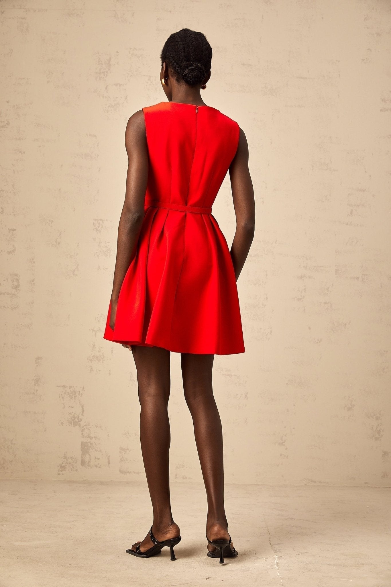 Victoria Mini Dress Flared Red Split Neck & Cinched