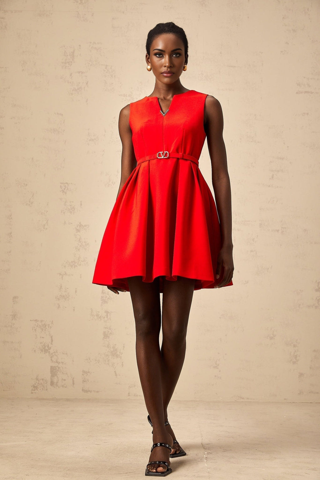 Victoria Mini Dress Flared Red Split Neck & Cinched