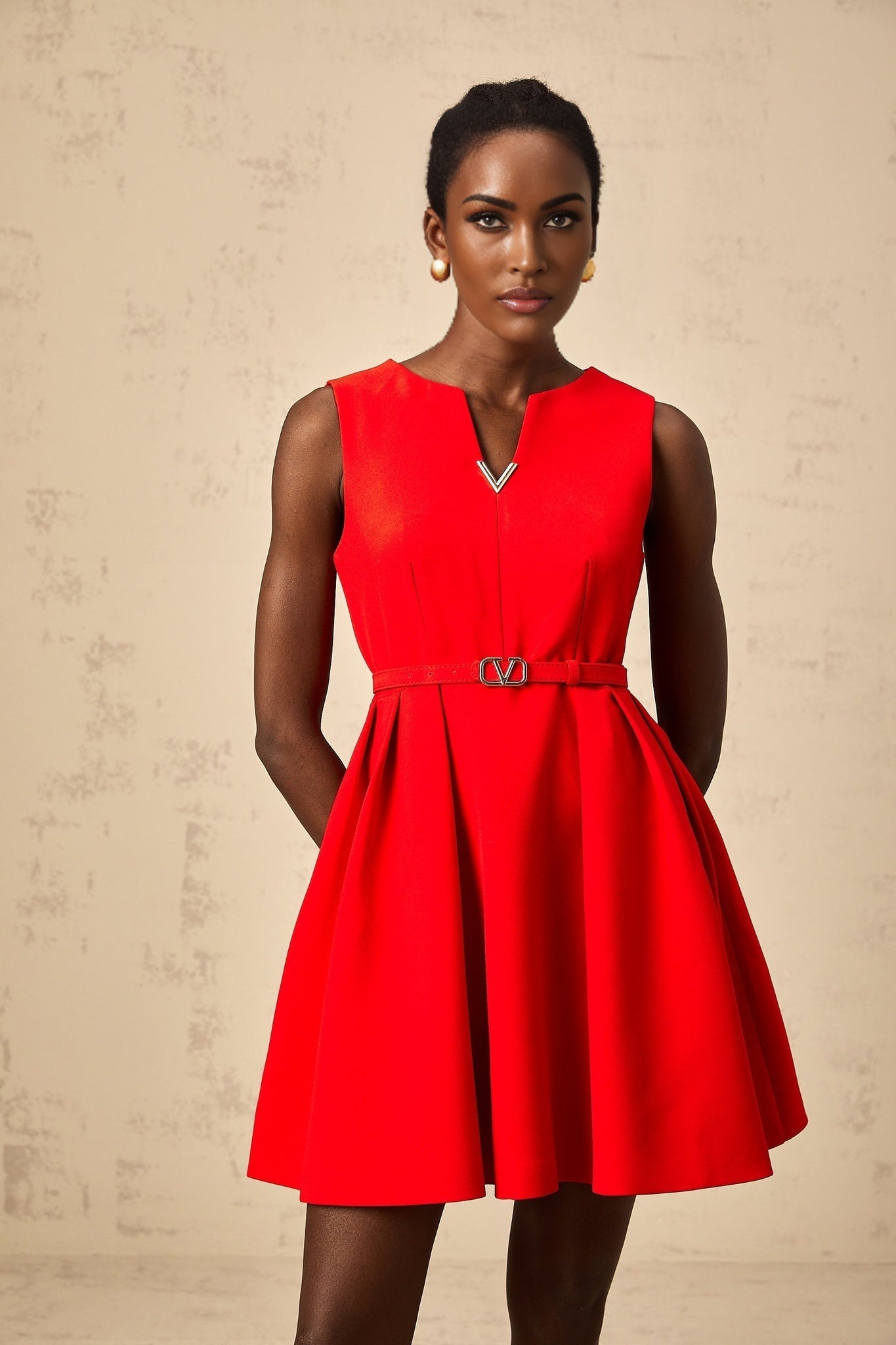 Victoria Mini Dress Flared Red Split Neck & Cinched