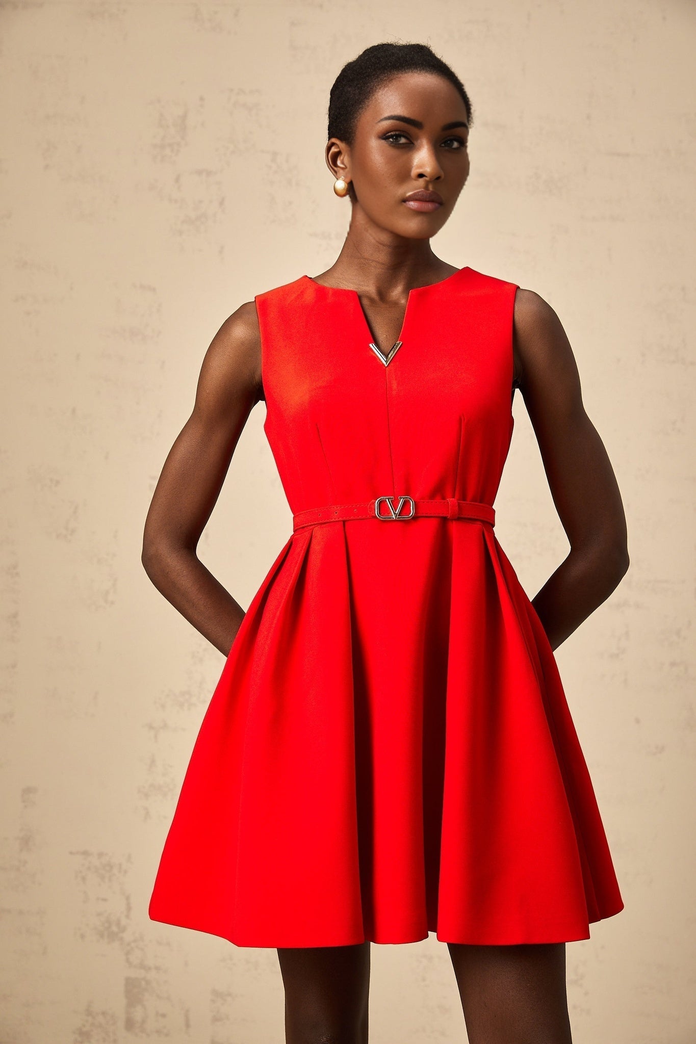 Victoria Mini Dress Flared Red Split Neck & Cinched