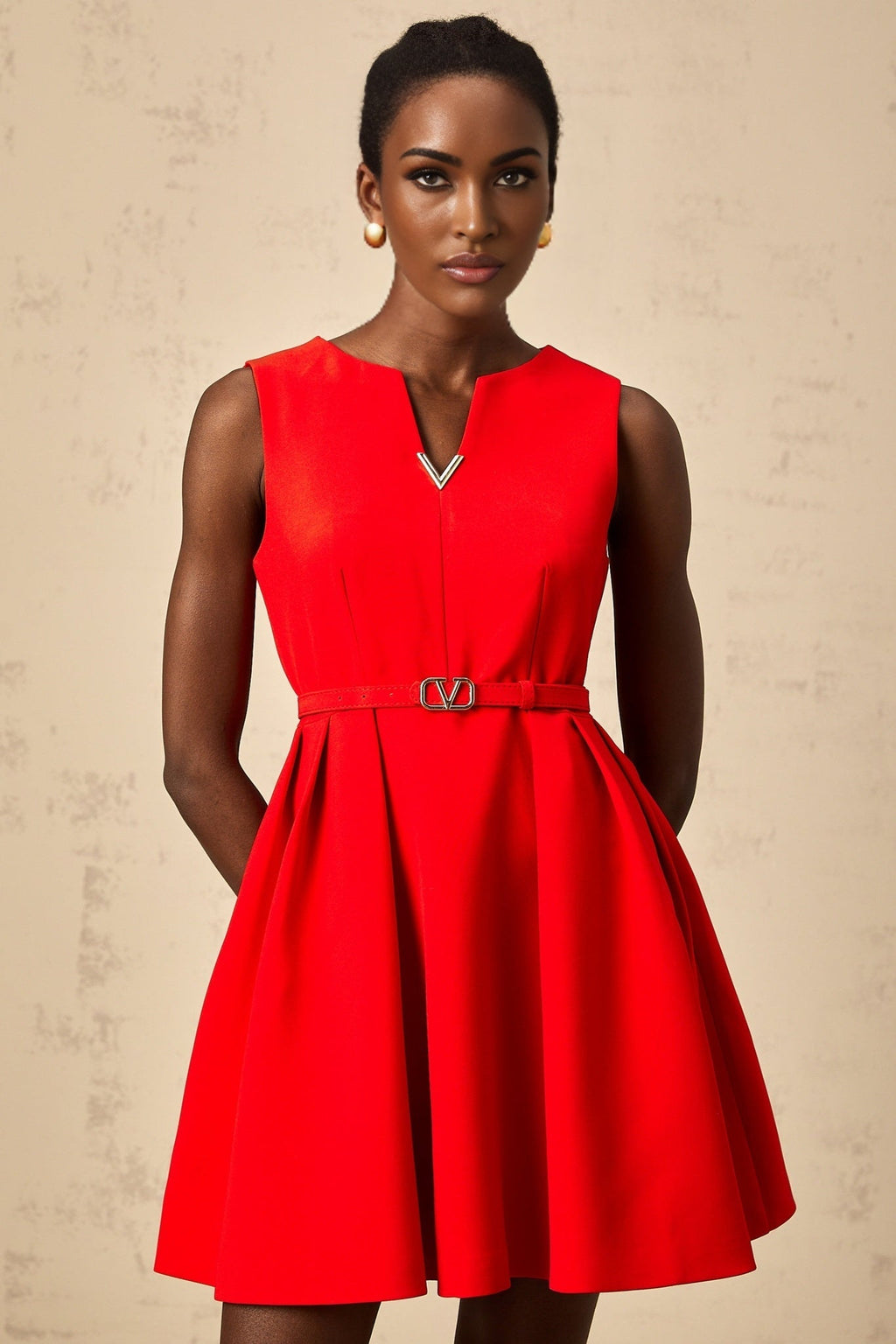 Victoria Mini Dress Flared Red Split Neck & Cinched