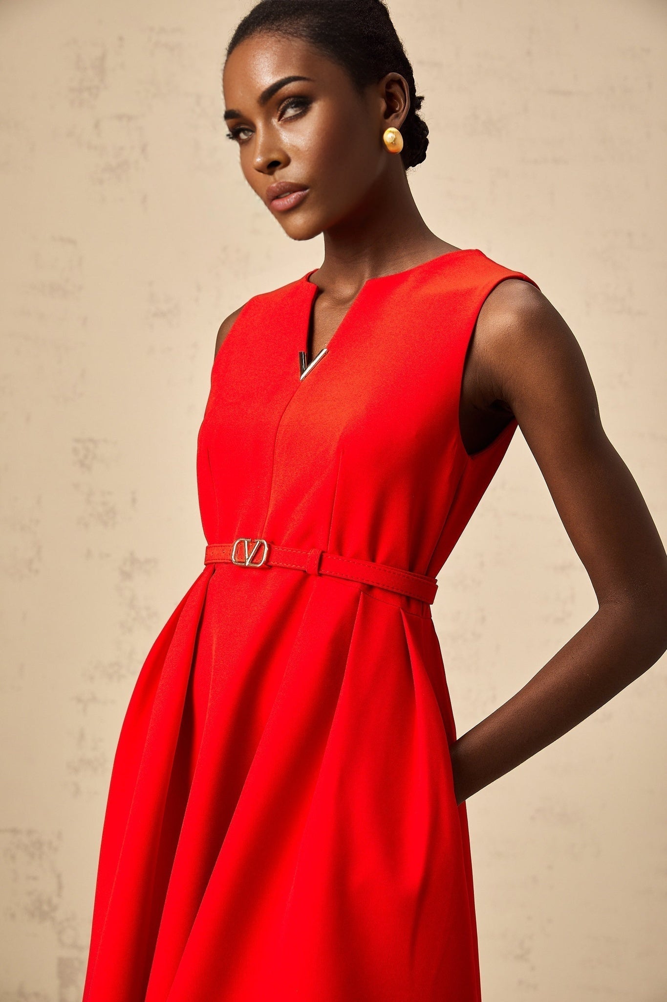 Victoria Mini Dress Flared Red Split Neck & Cinched