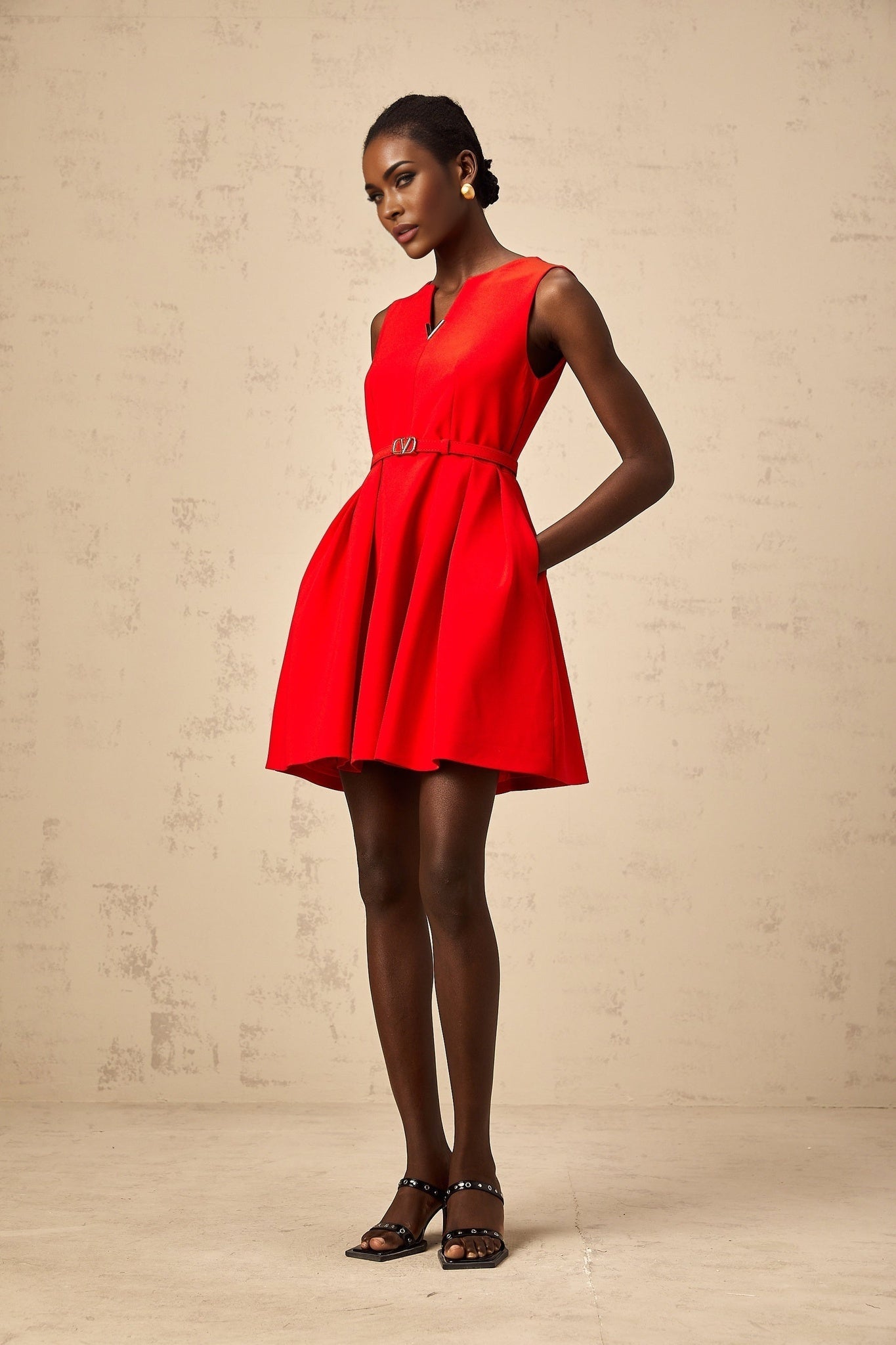 Victoria Mini Dress Flared Red Split Neck & Cinched