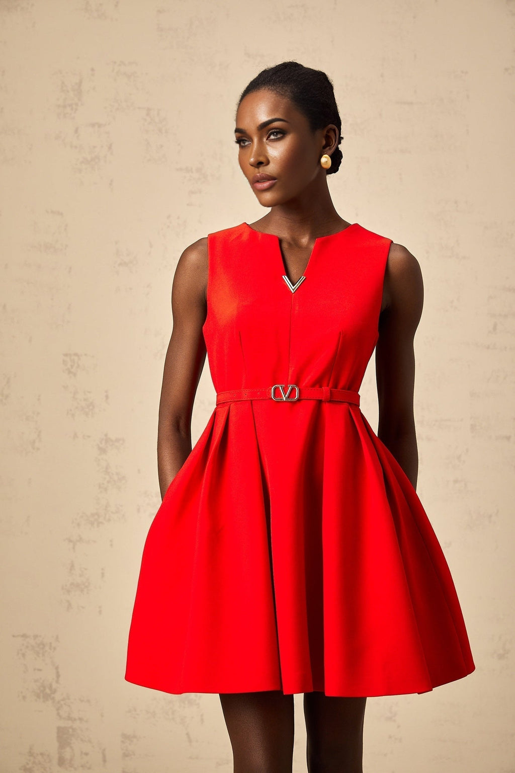 Victoria Mini Dress Flared Red Split Neck & Cinched